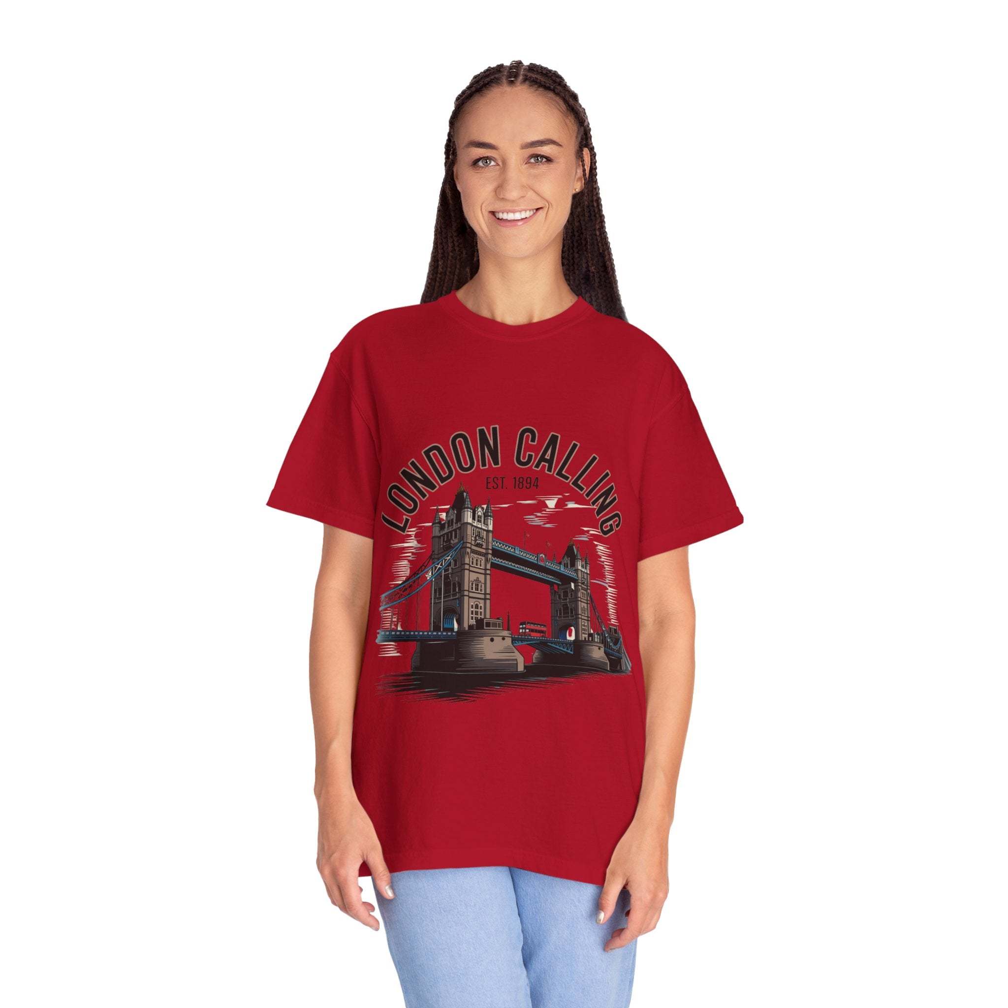 unisex red London Calling Travel T-shirt with London Bridge graphic and text, garment-dyed cotton tee