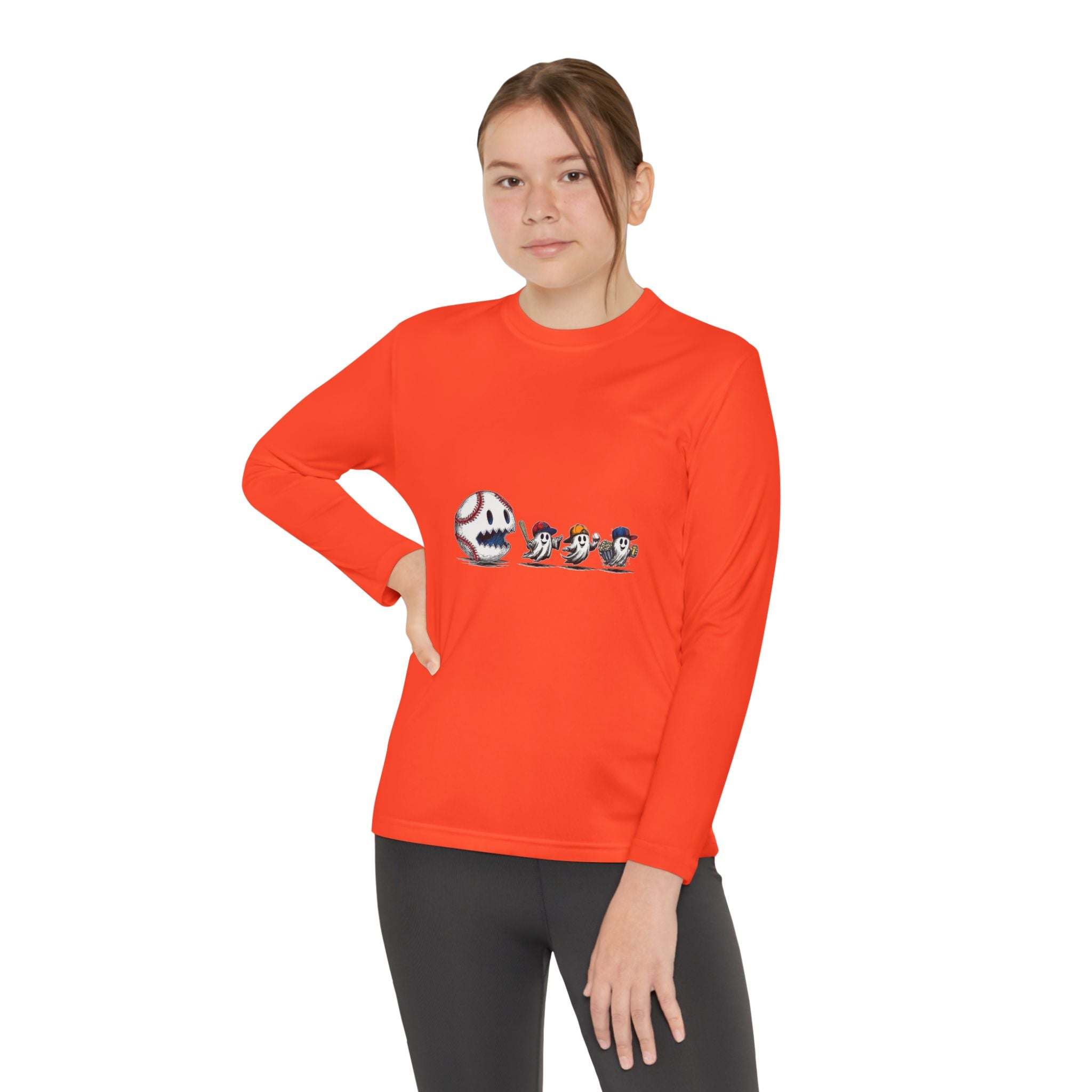Youth Tee long sleeve in orange with baseball eating Halloween ghosts design, moisture-wicking athletic fit shirt for kids