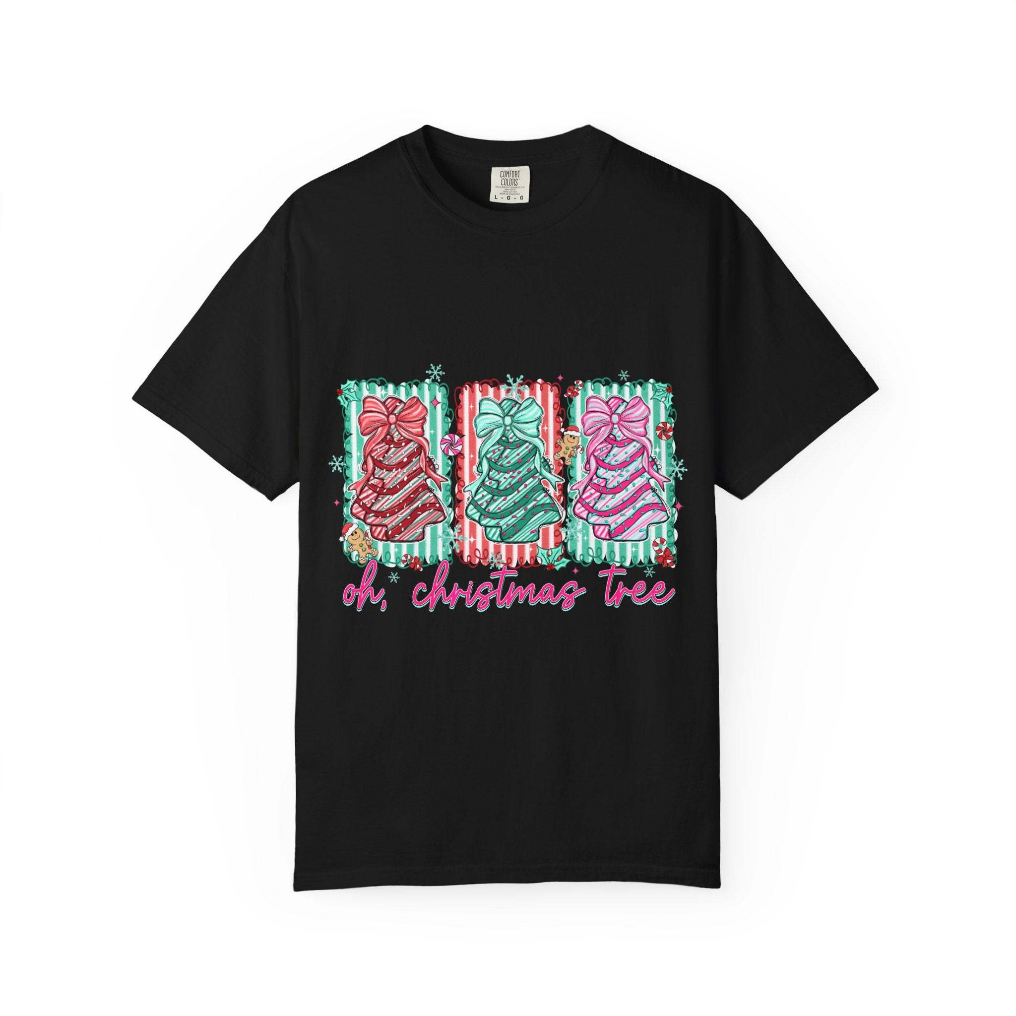 Black Oh Christmas Tree T-shirt with colorful festive tree designs and pink lettering
