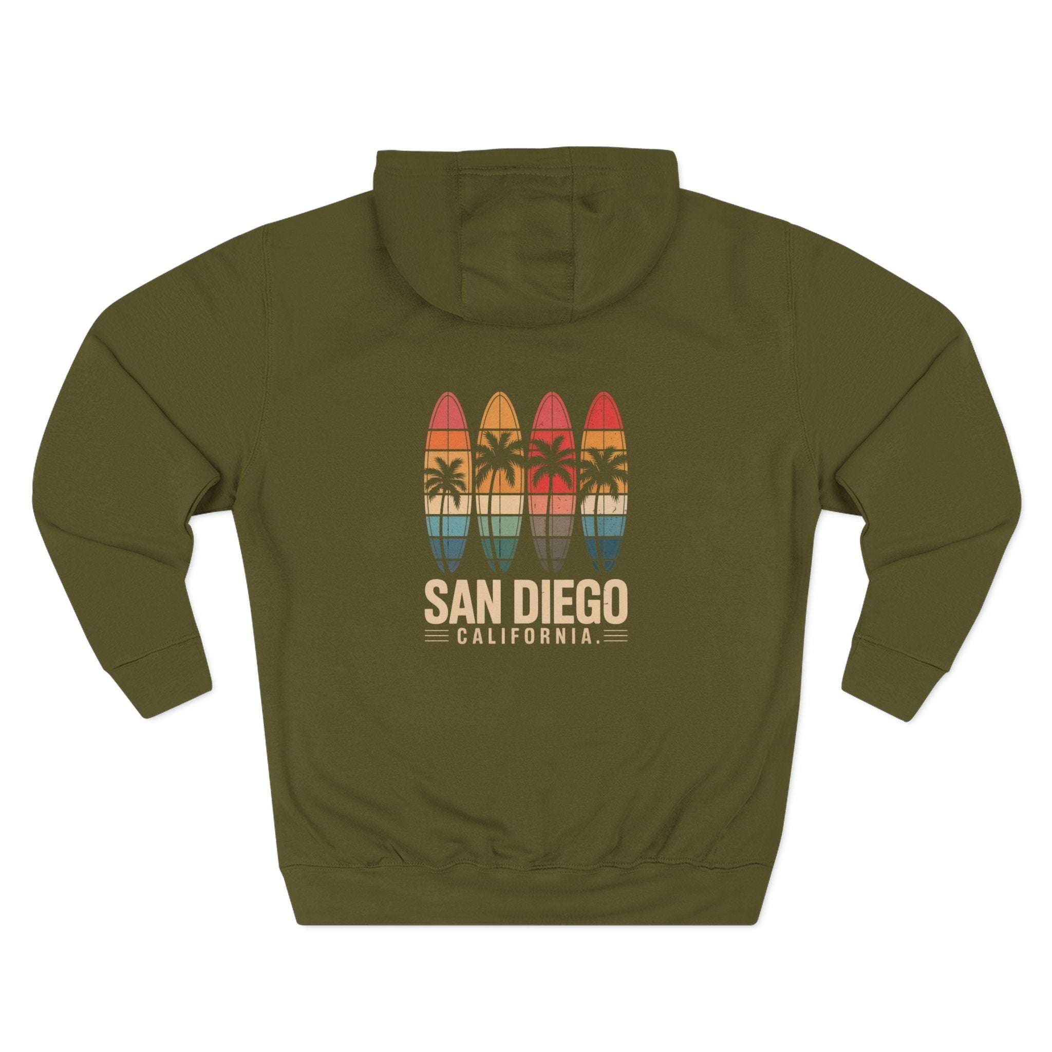 Retro San Diego surfboard graphic fleece hoodie with kangaroo pocket and adjustable hood for coastal surf style