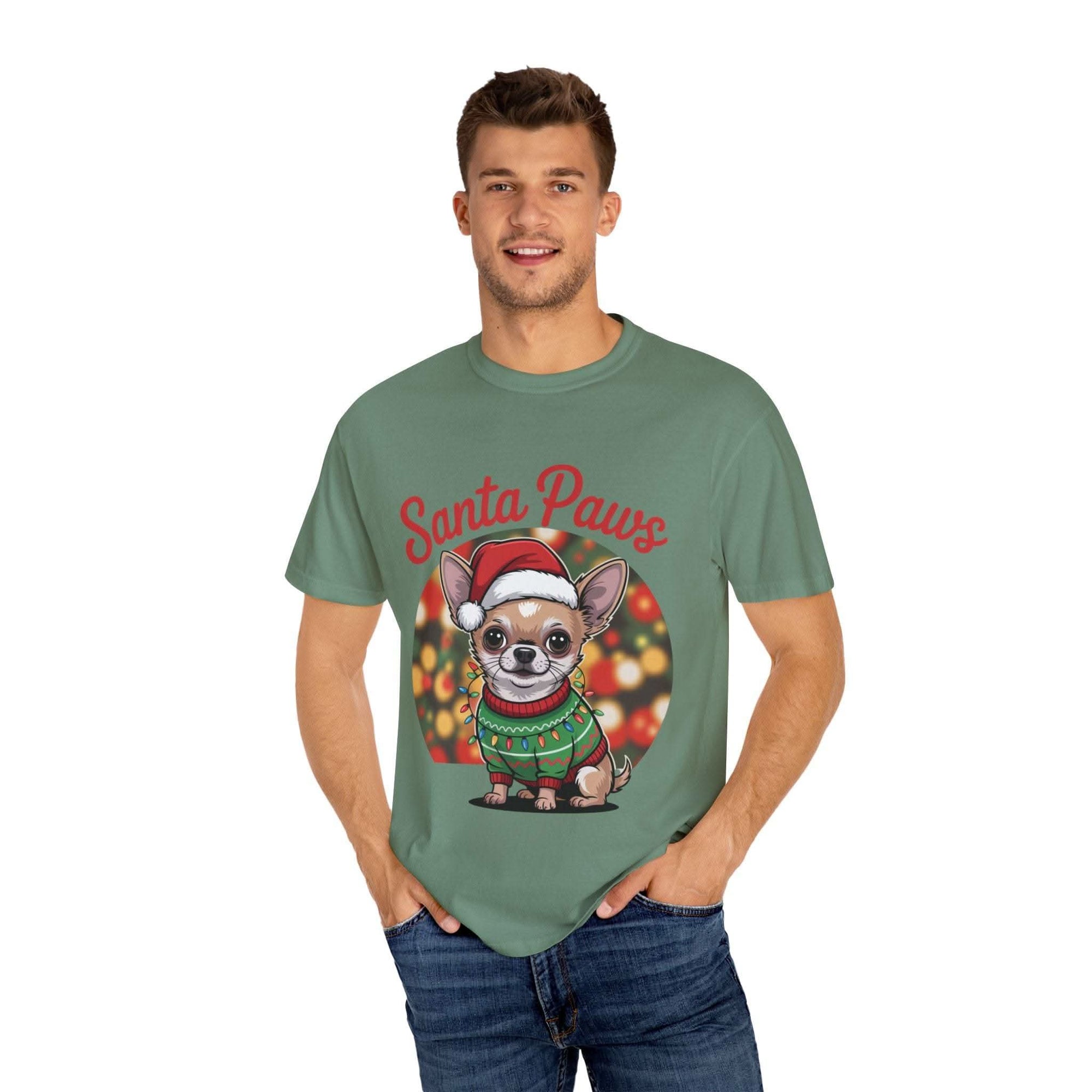 Bay Chihuahua Santa Paws T-Shirt from Printify, festive holiday pet apparel for dog lovers