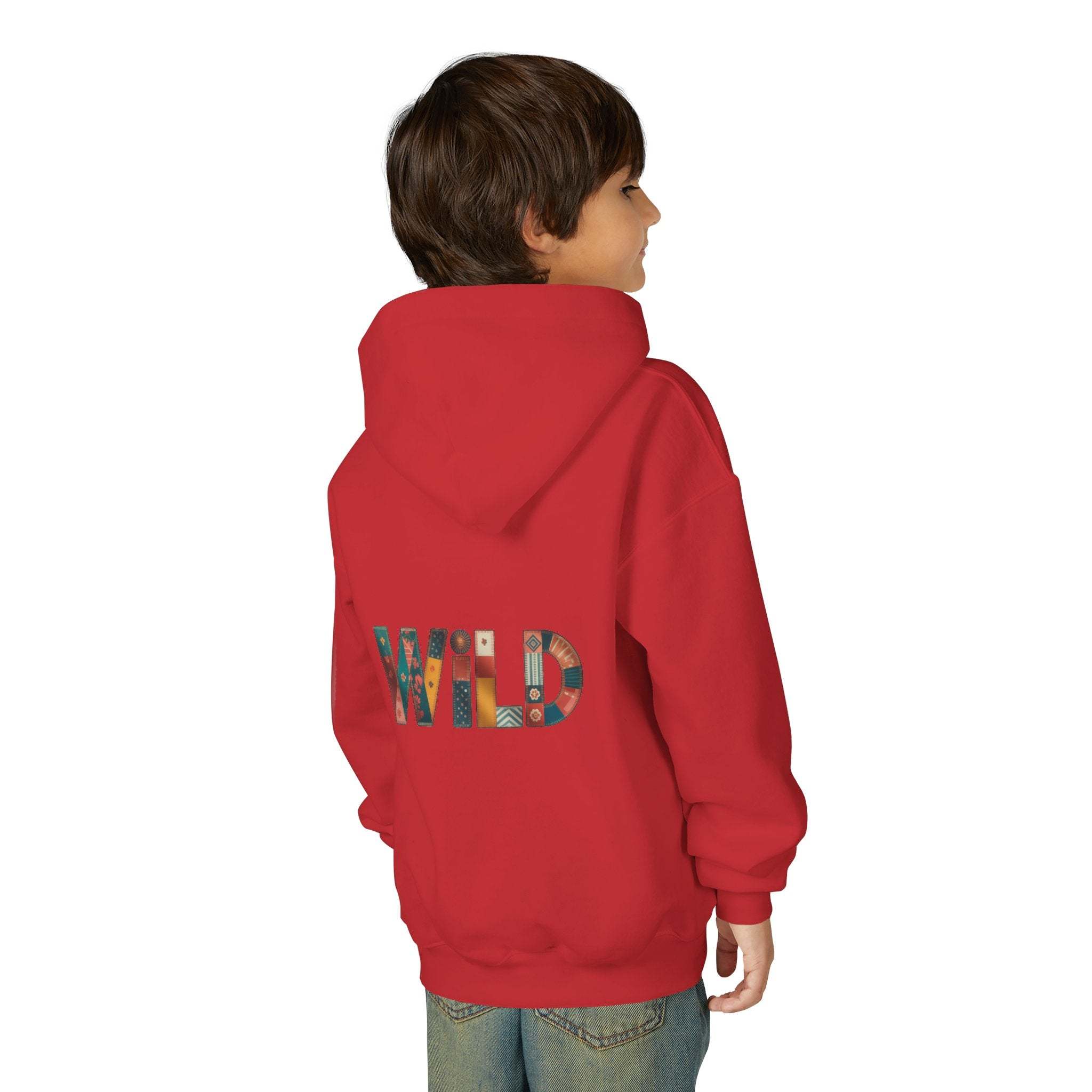 Child wearing red Patchwork Wild Word Hoodie with colorful "WILD" text on back and kangaroo pocket