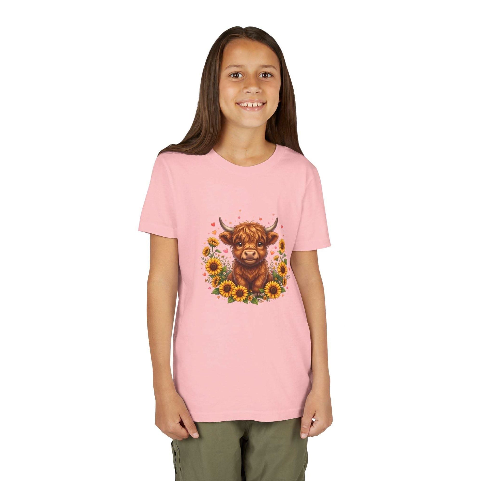 Highland Cow with Sunflowers Youth Tee | Cute Calf Floral Kids Shirt