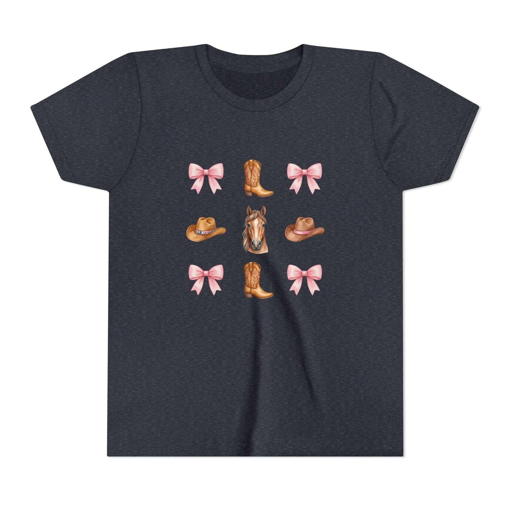 Youth pink t-shirt with Cowboy Horse & Boots Western-themed print of horse face, pink bows, and cowboy hat