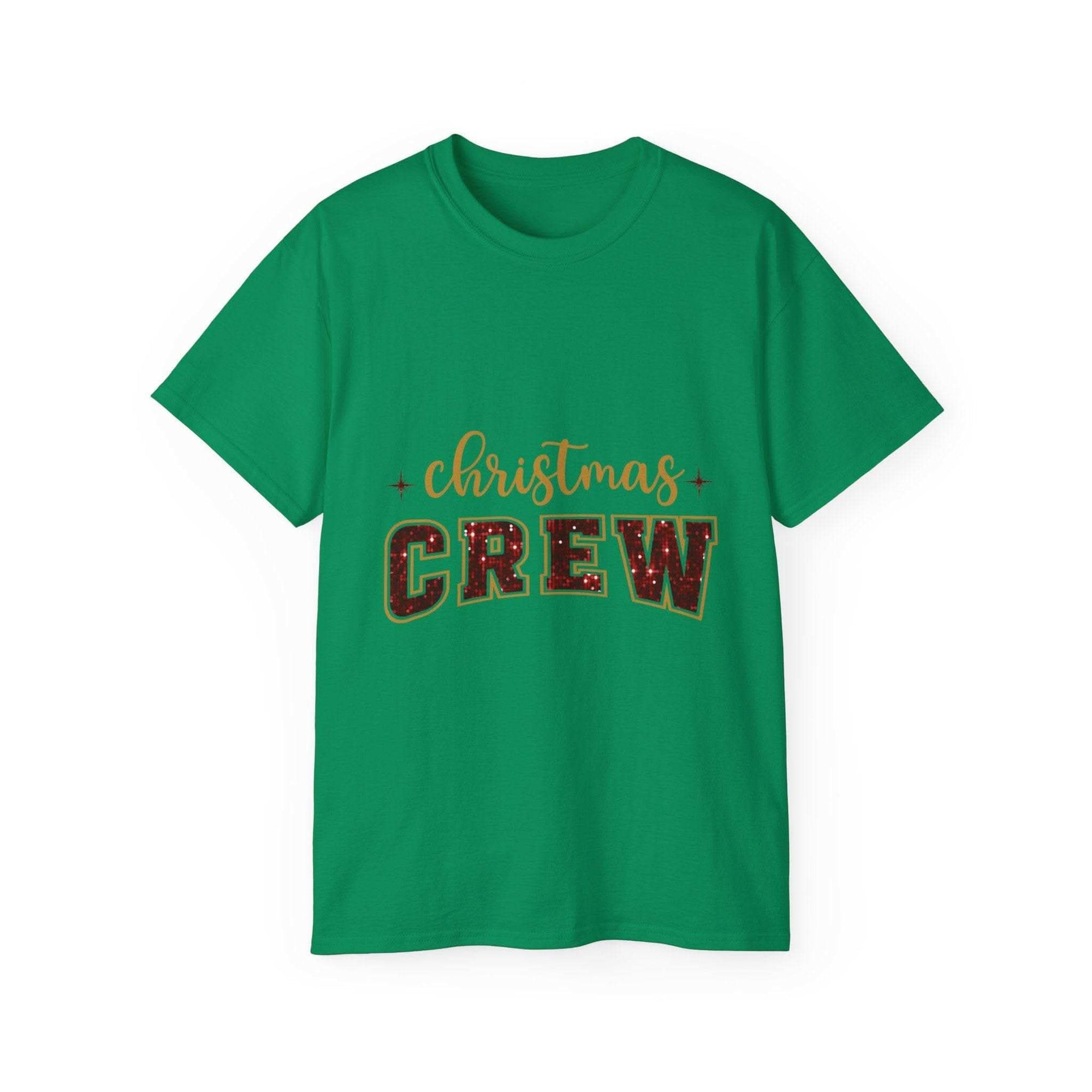 Antique Cherry Red glitter t-shirt with crew neck for Christmas, by Printify, festive holiday apparel