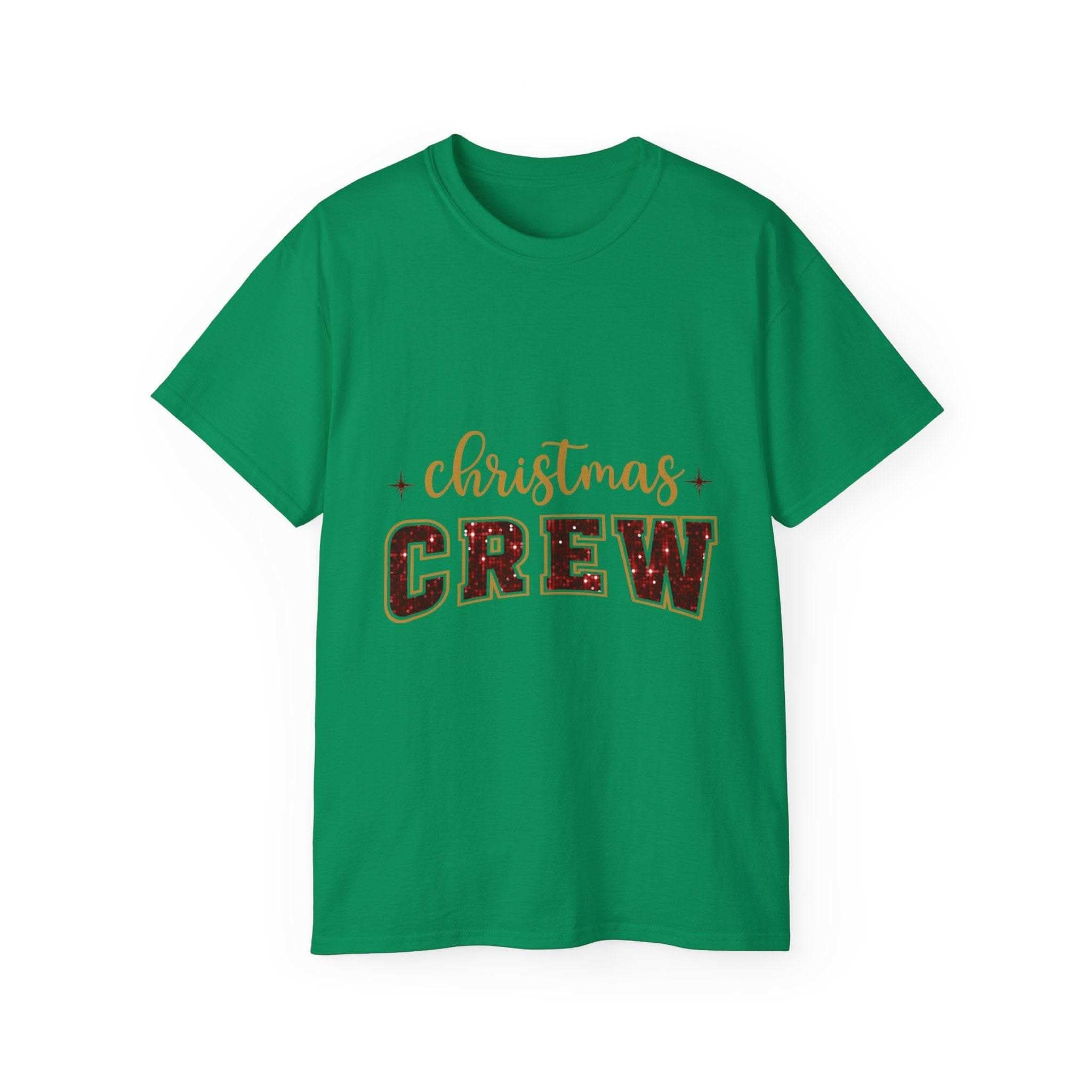 Antique Cherry Red glitter t-shirt with crew neck for Christmas, by Printify, festive holiday apparel