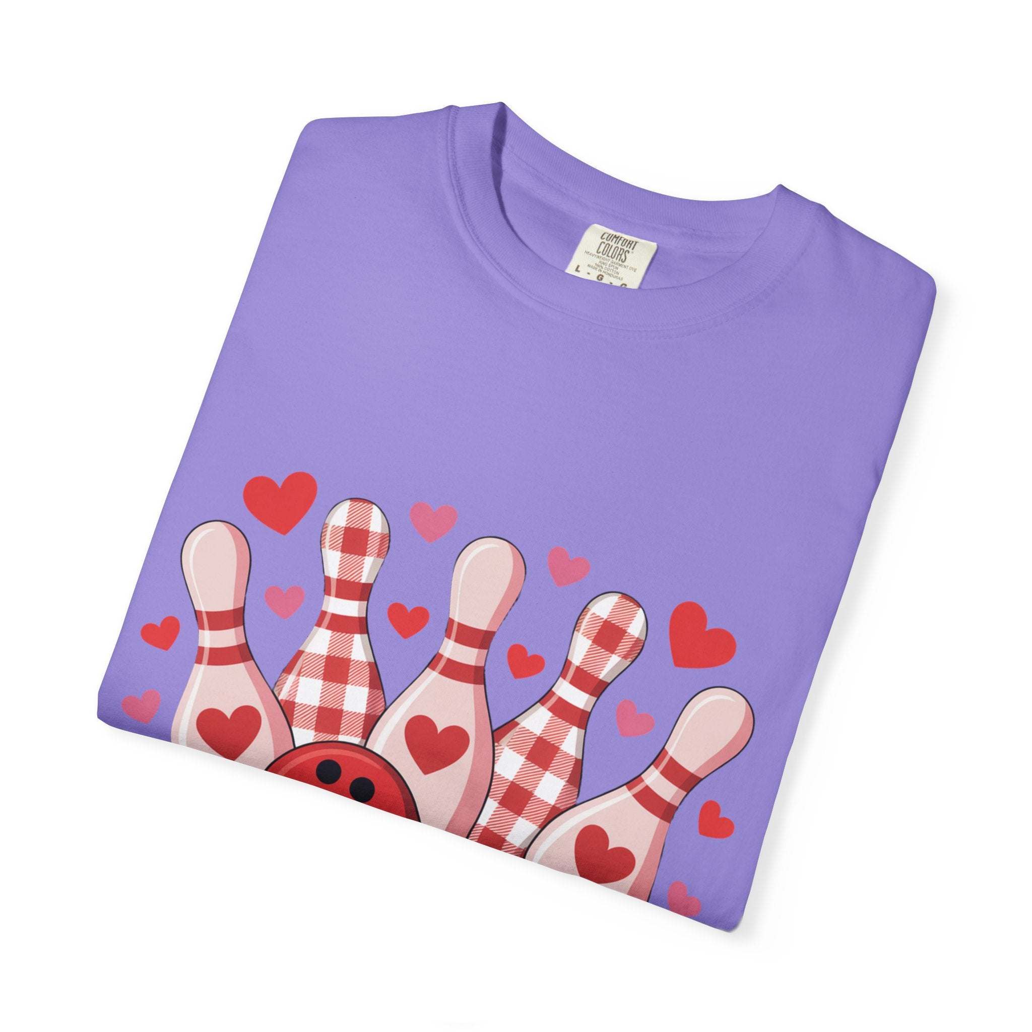 Garment-dyed tee with tiny hearts and bowling pin motif on chest, cozy heavyweight cotton, relaxed fit Valentine's design