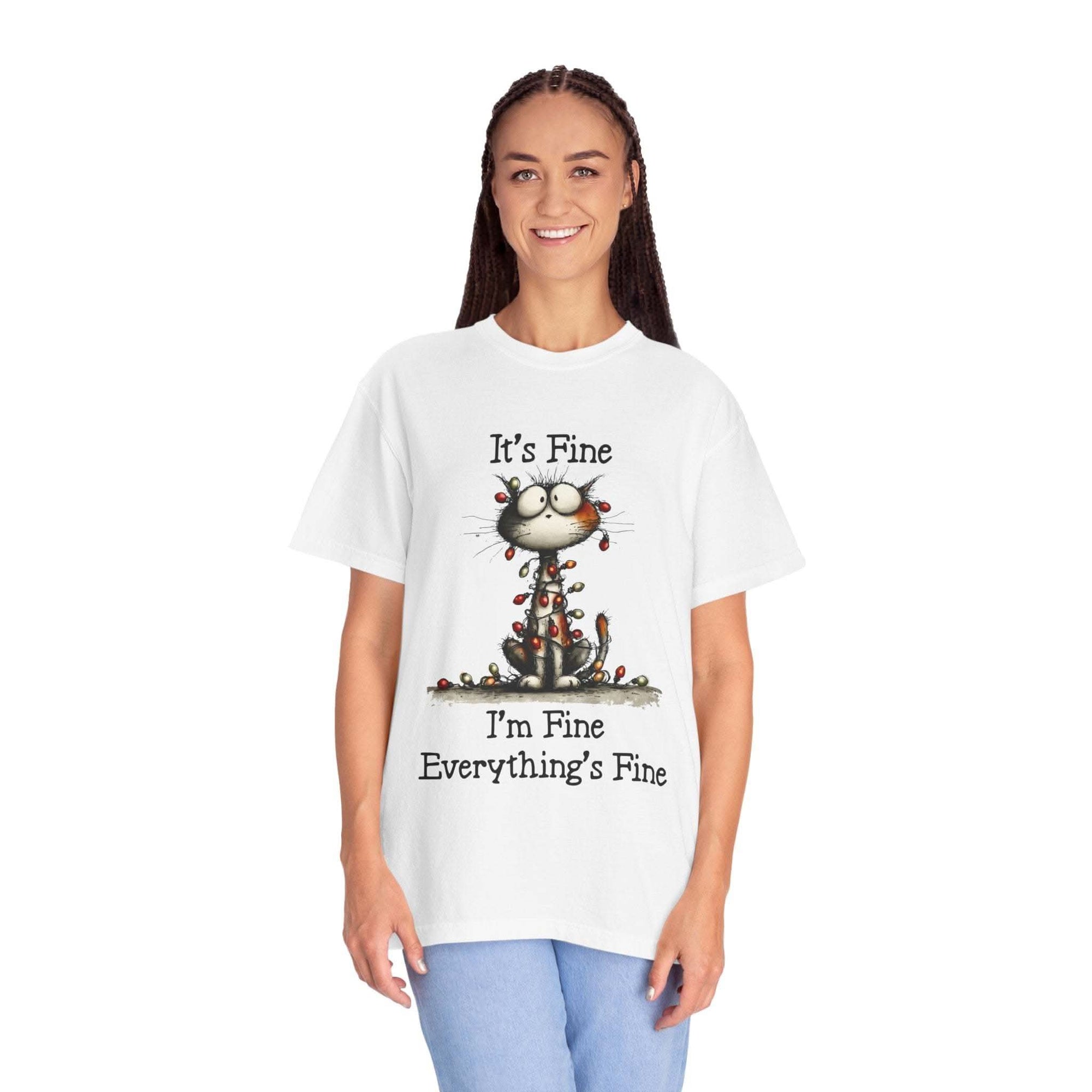 Person wearing a white t-shirt with a graphic and text on a white background