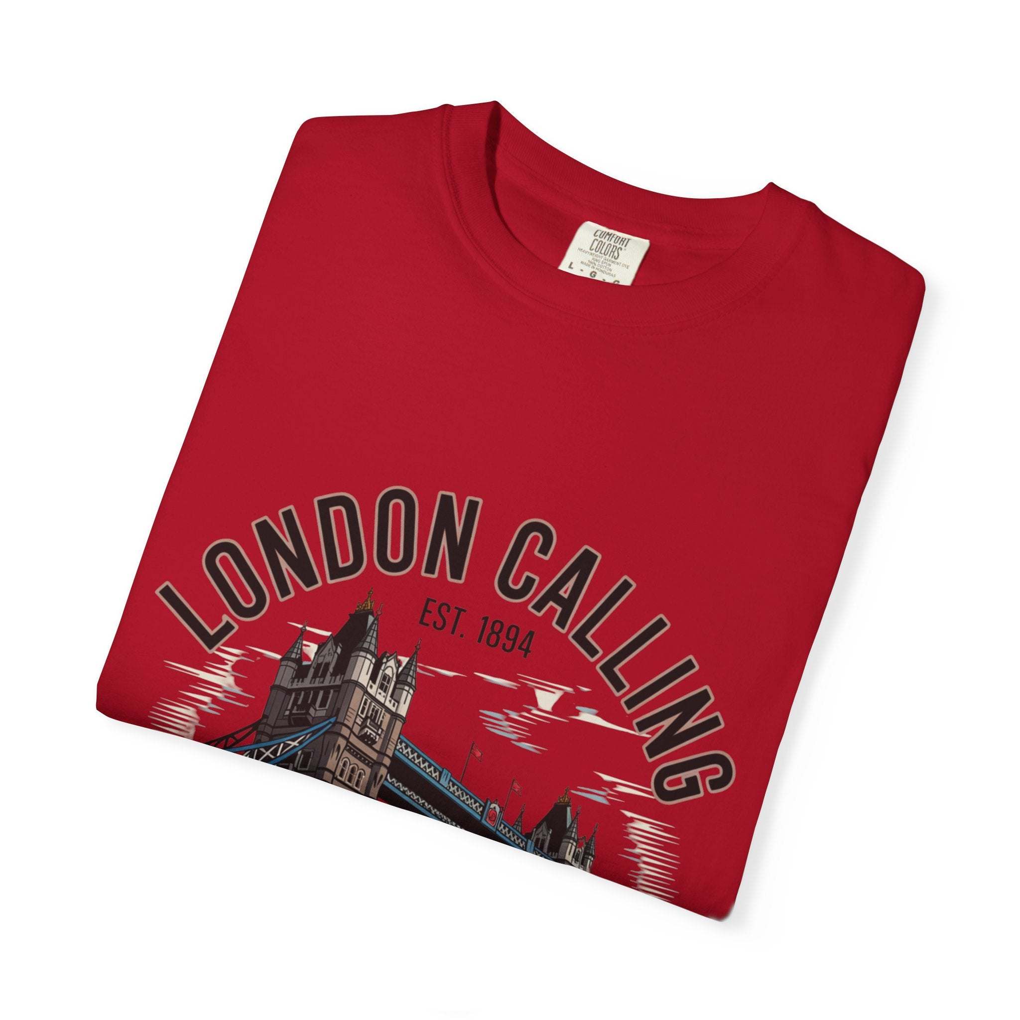 Red London Calling Travel T-shirt with Tower Bridge design, unisex garment-dyed cotton blend, casual fit