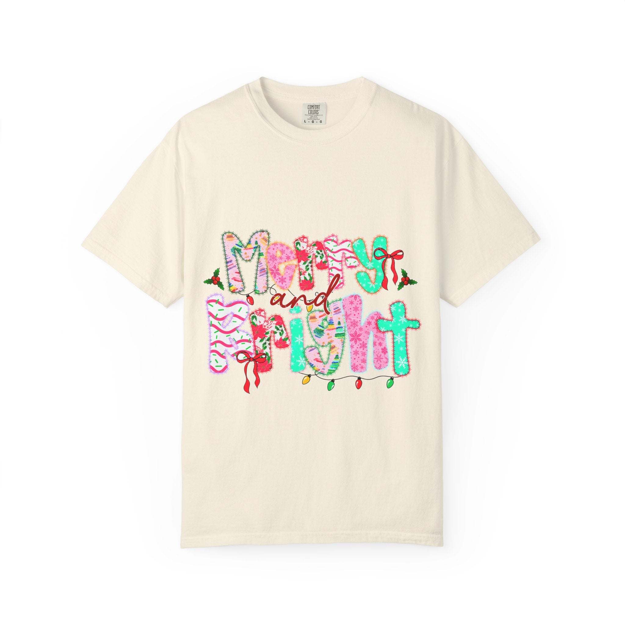 Merry and Bright T-shirt with festive colorful lettering and holiday decorations on a cream cotton fabric