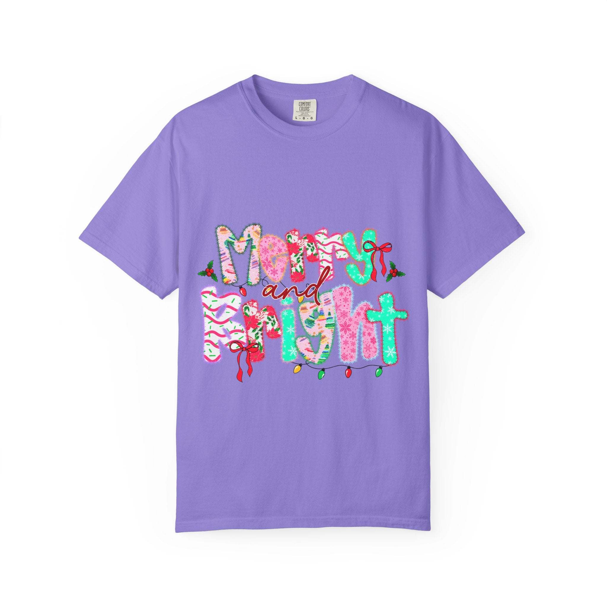 Purple Merry and Bright T-shirt with festive holiday design and relaxed fit made of 100% ring-spun cotton