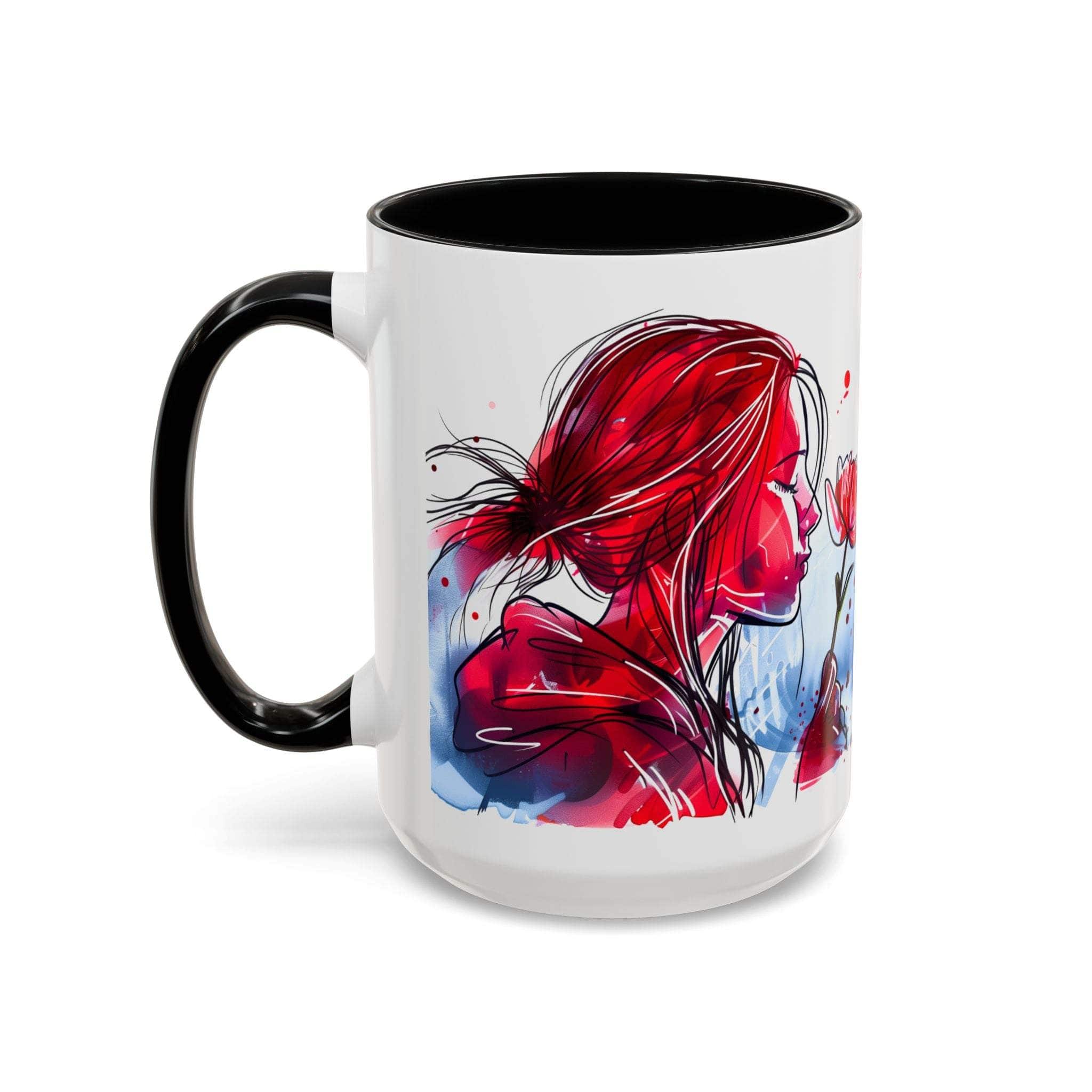 Valentines Floral Love Accent Coffee Mug with romantic heart and floral design, black handle and interior, ceramic, 11/15oz