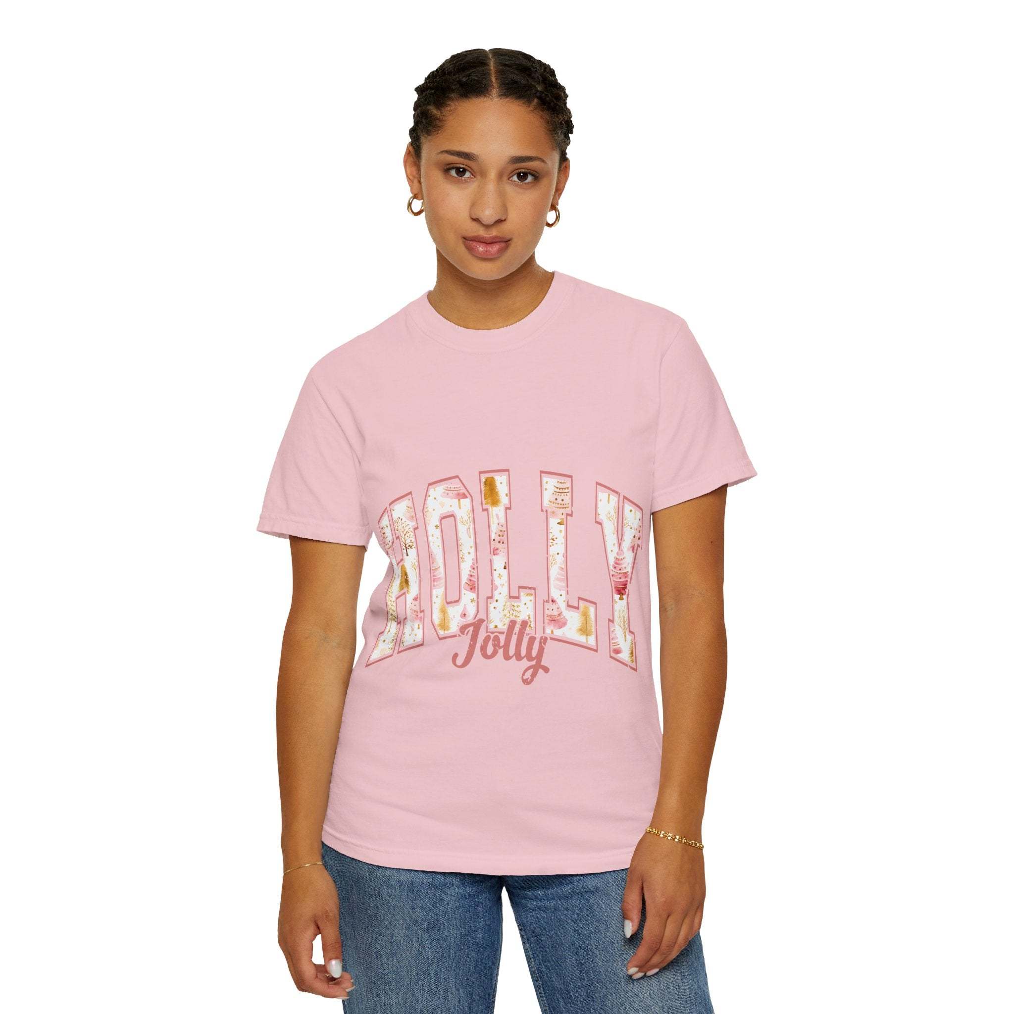 Pink Varsity Holly Jolly T-shirt with festive print worn by woman