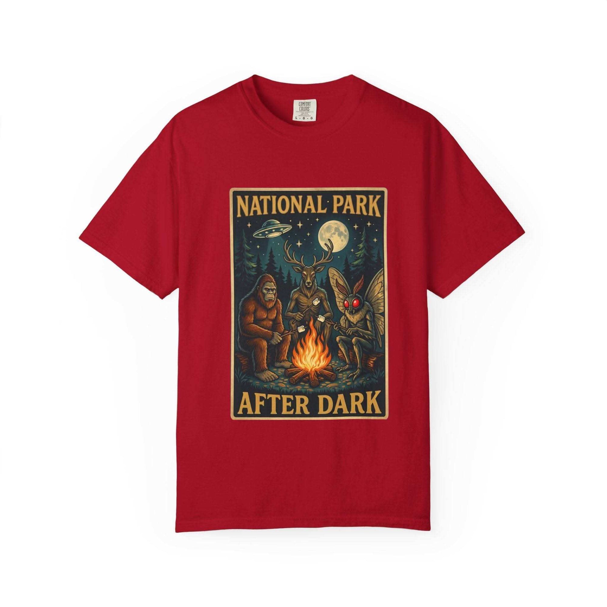 National Park After Dark T-shirt with vintage campfire and nocturnal creatures design