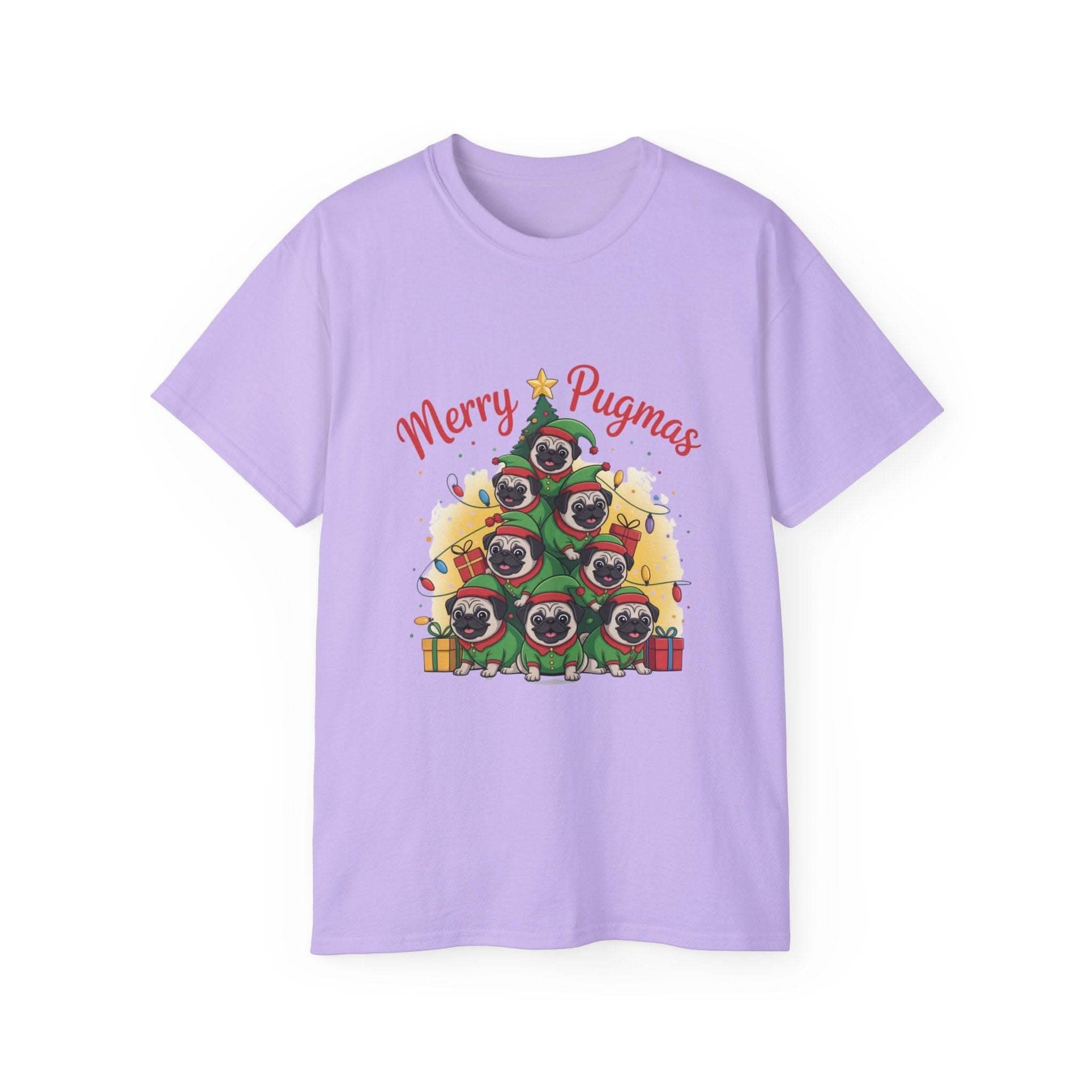 Black Merry Pugmas holiday t-shirt from Printify, featuring festive pug design for dog lovers.