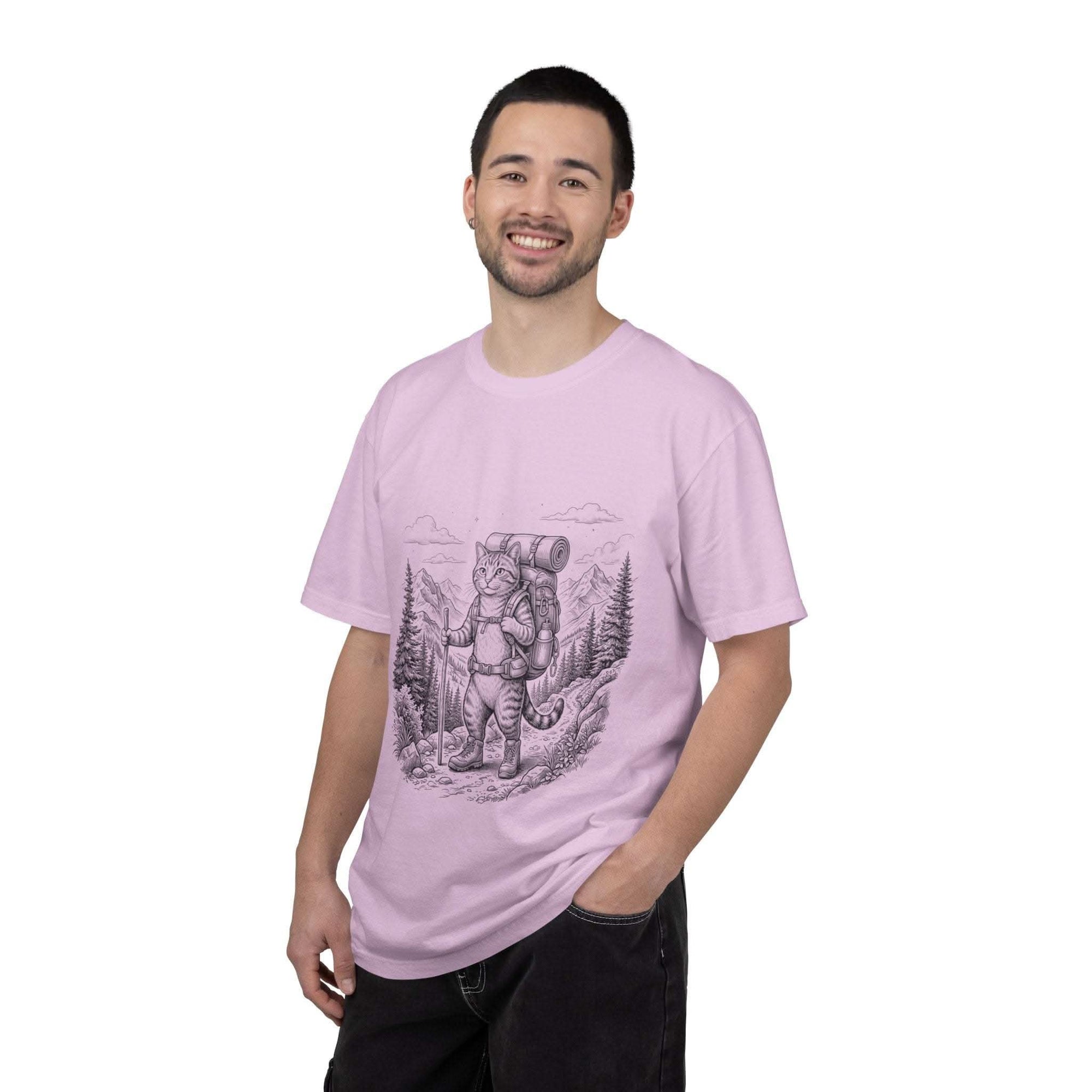 Cat hiker illustration on vintage garment-dyed mountain camping T-shirt with forest sketch design