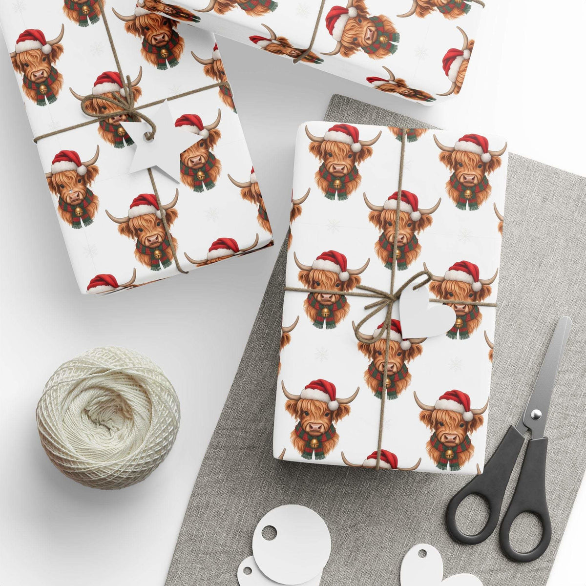 Gift wrapping papers with Santa Highland Cows Christmas design on thick white paper