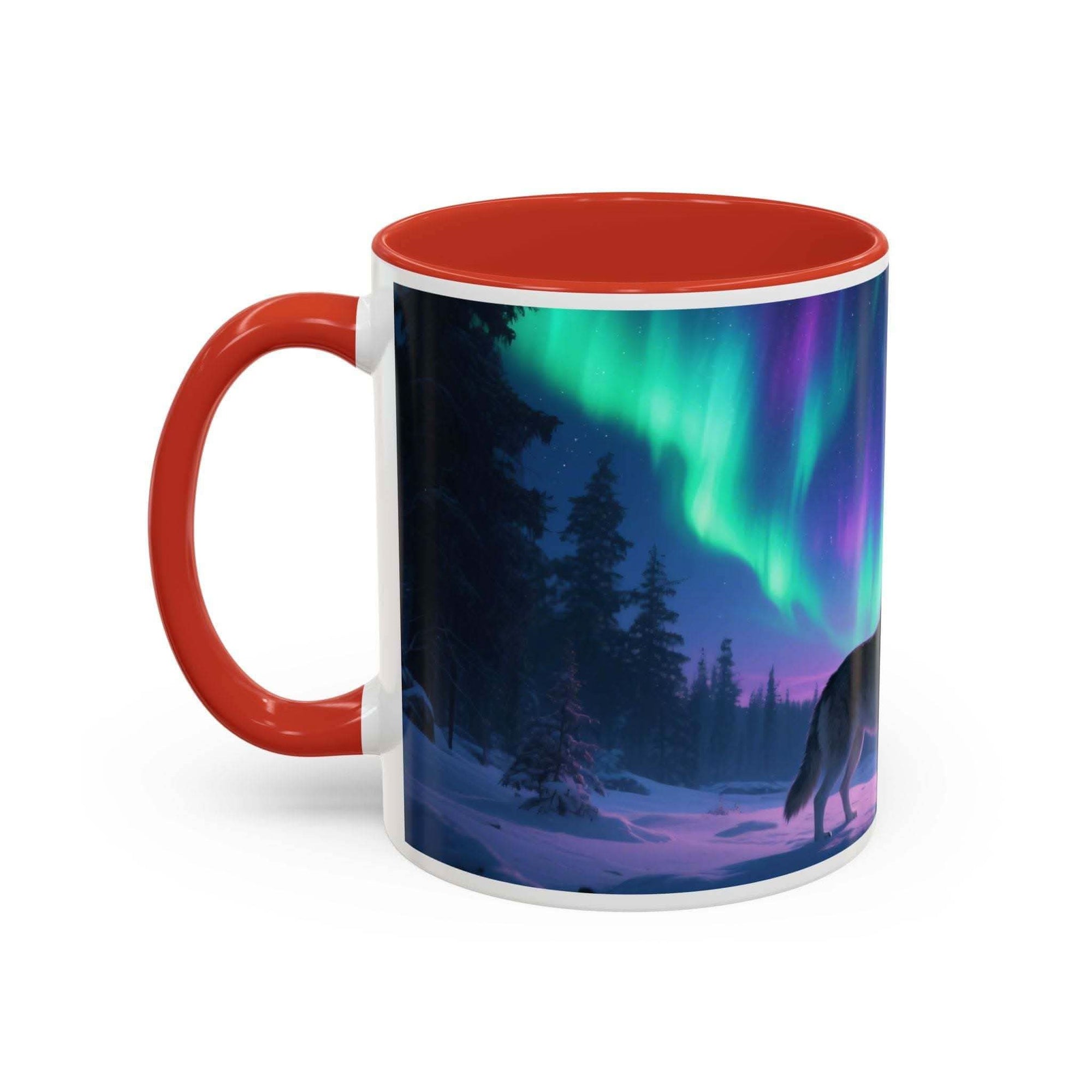 Ceramic mug with howling wolf silhouette and aurora borealis design, red handle and interior