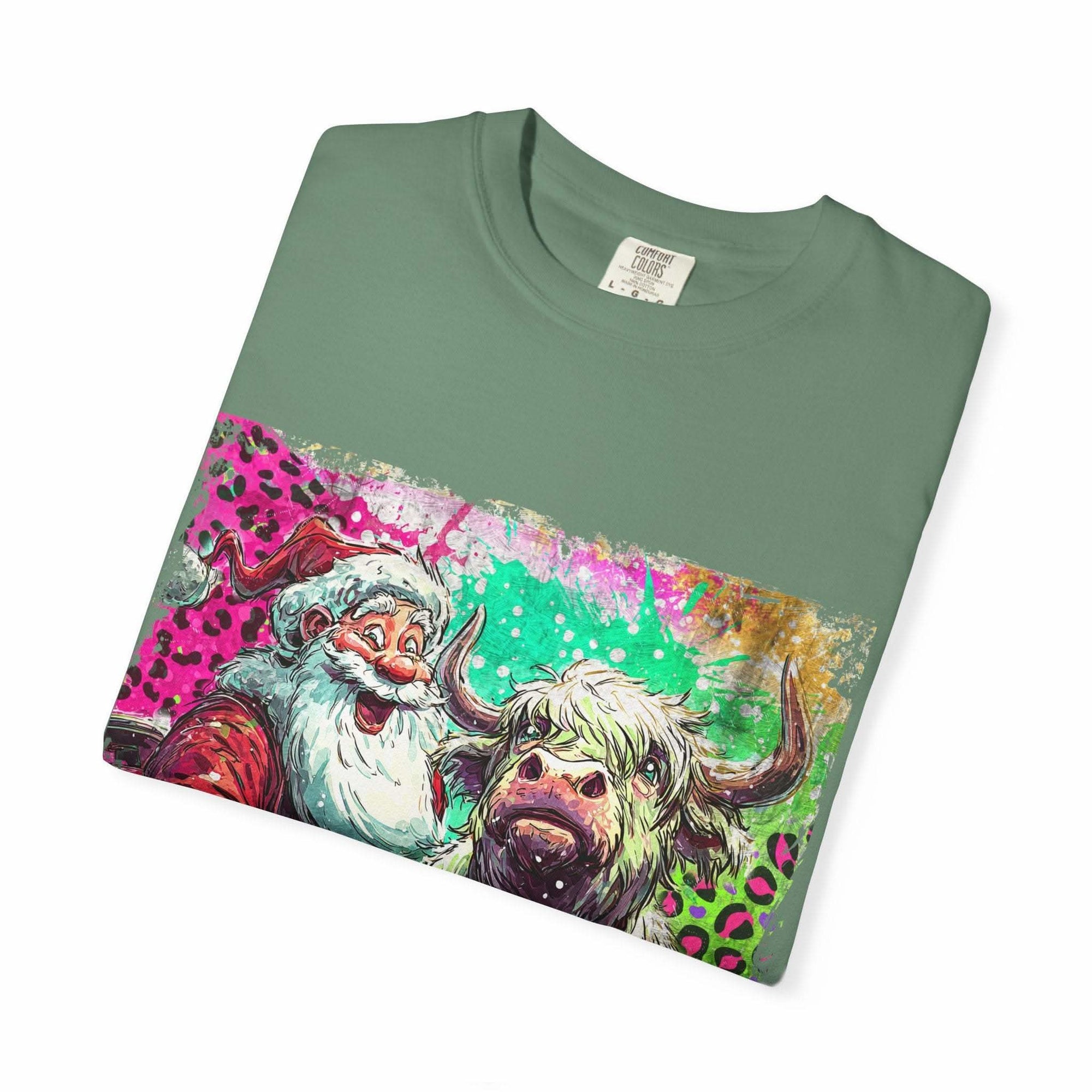 Retro Santa and Highland Cow graphic on a black t-shirt by Printify, perfect for festive holiday wear.