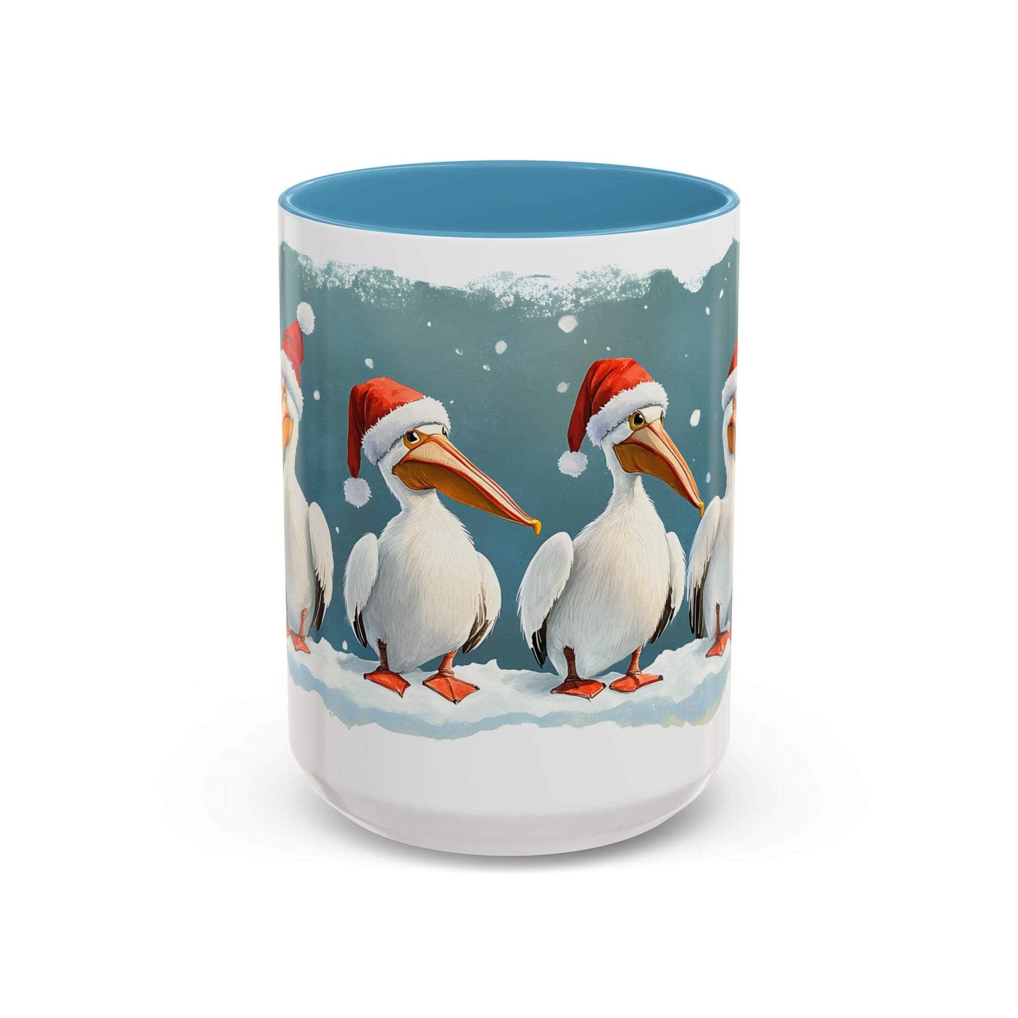 Mug with Christmas design featuring pelicans wearing Santa hats on a snowy background.