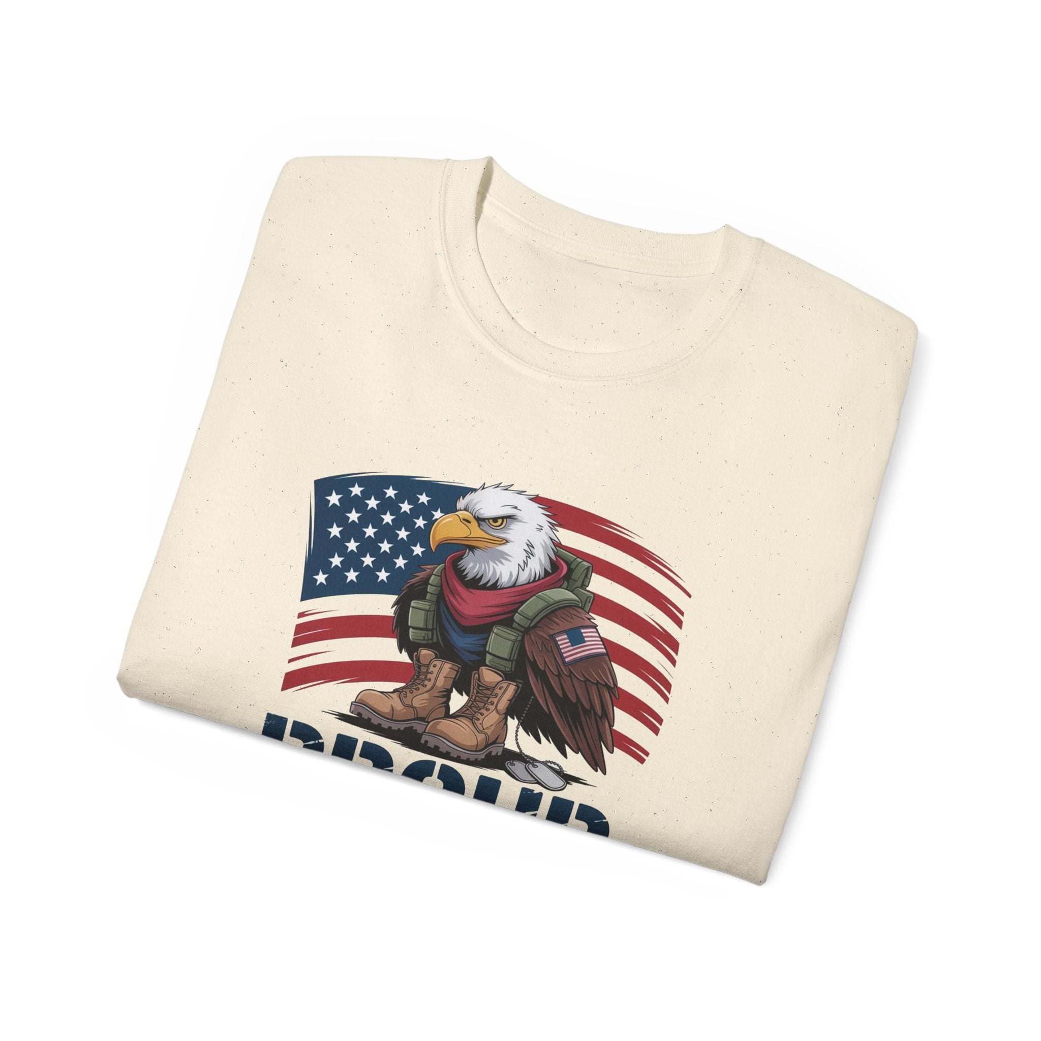 Folded Proud Veteran Tee Shirt with American flag and eagle graphic