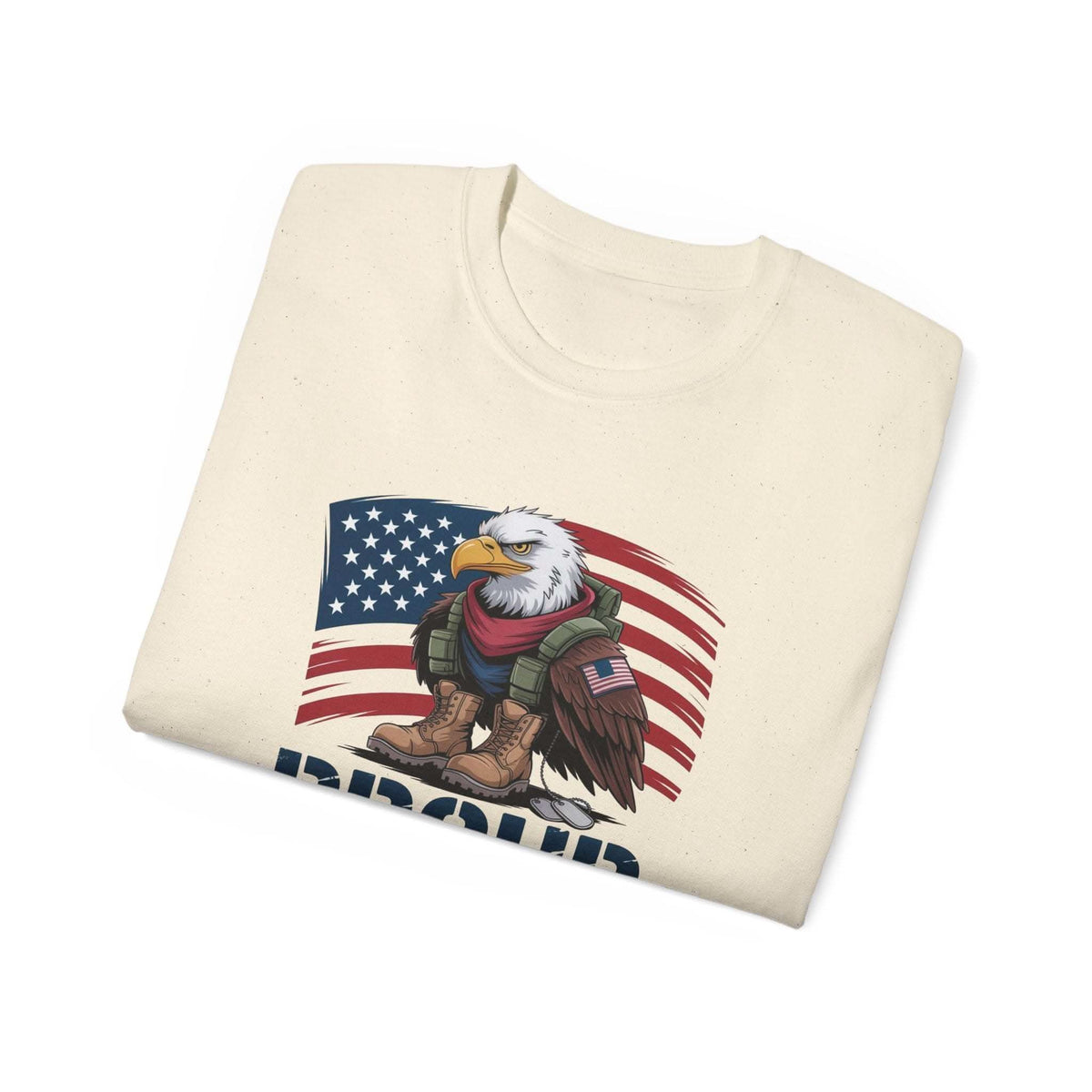Folded Proud Veteran Tee Shirt with American flag and eagle graphic