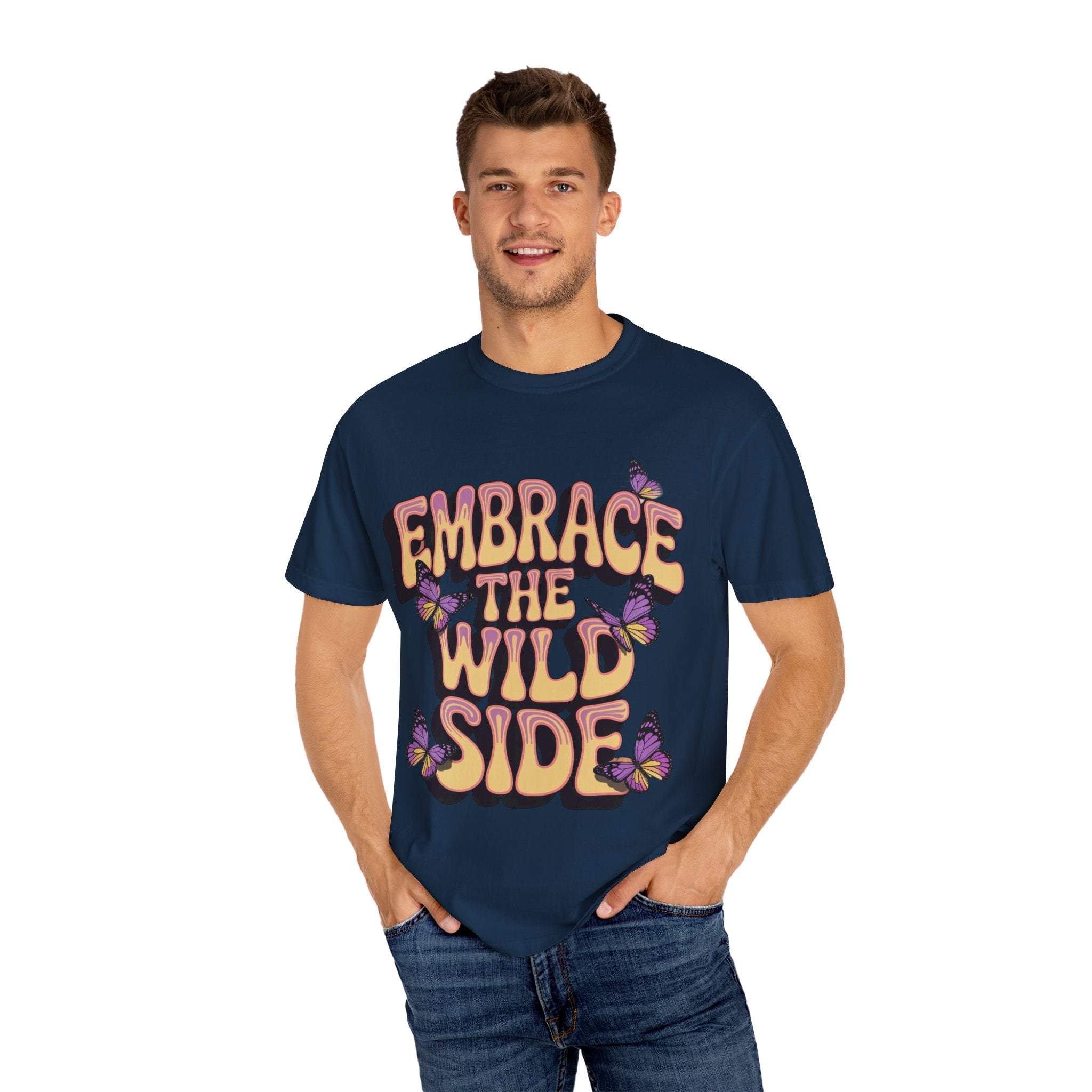 Unisex navy garment-dyed T-shirt with "Embrace the Wild Side" print and butterfly accents