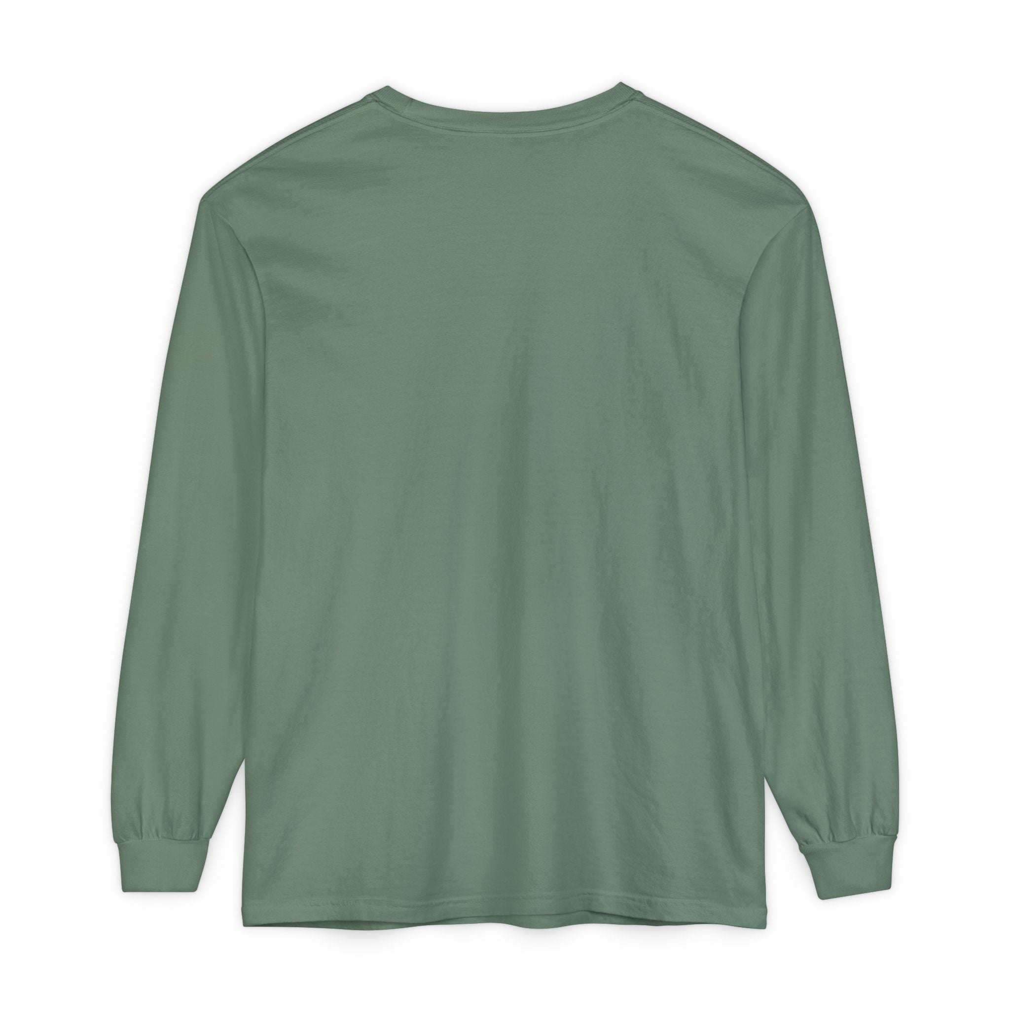 back view of plain long sleeve t-shirt in muted green color