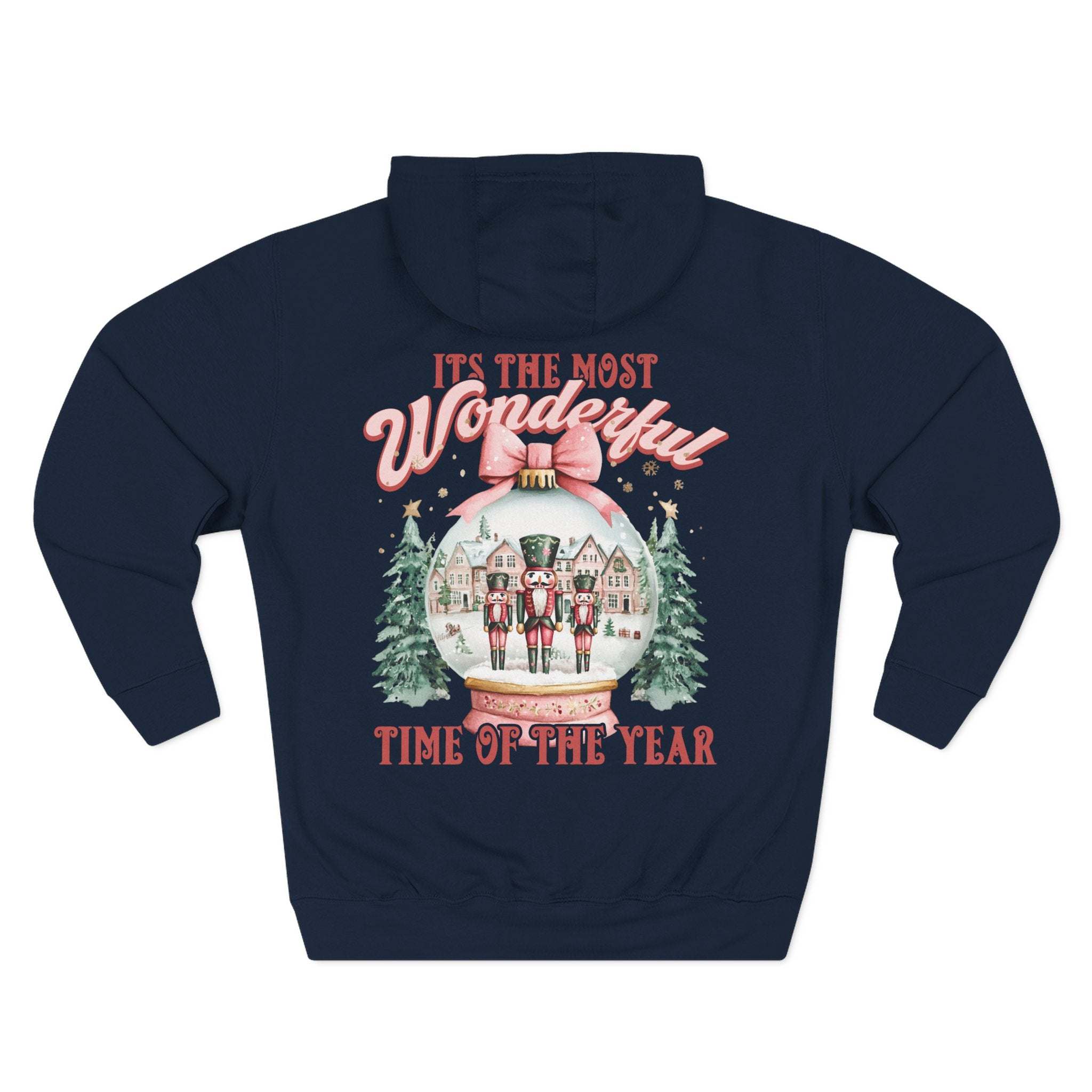 Navy fleece hoodie with vintage holiday snow globe design and adjustable hood for winter comfort