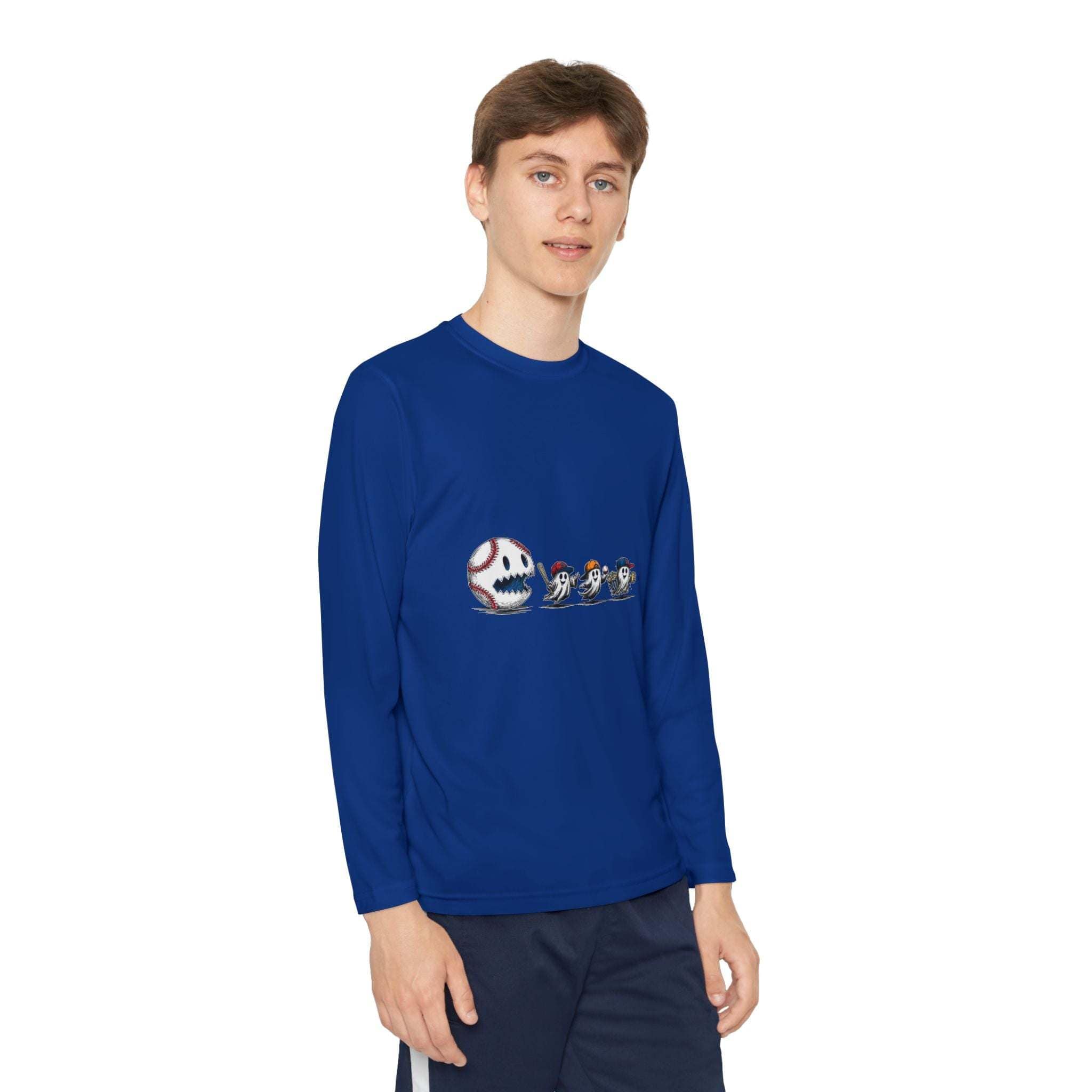 Youth Tee long sleeve shirt with baseball eating Halloween ghosts design in blue moisture-wicking fabric