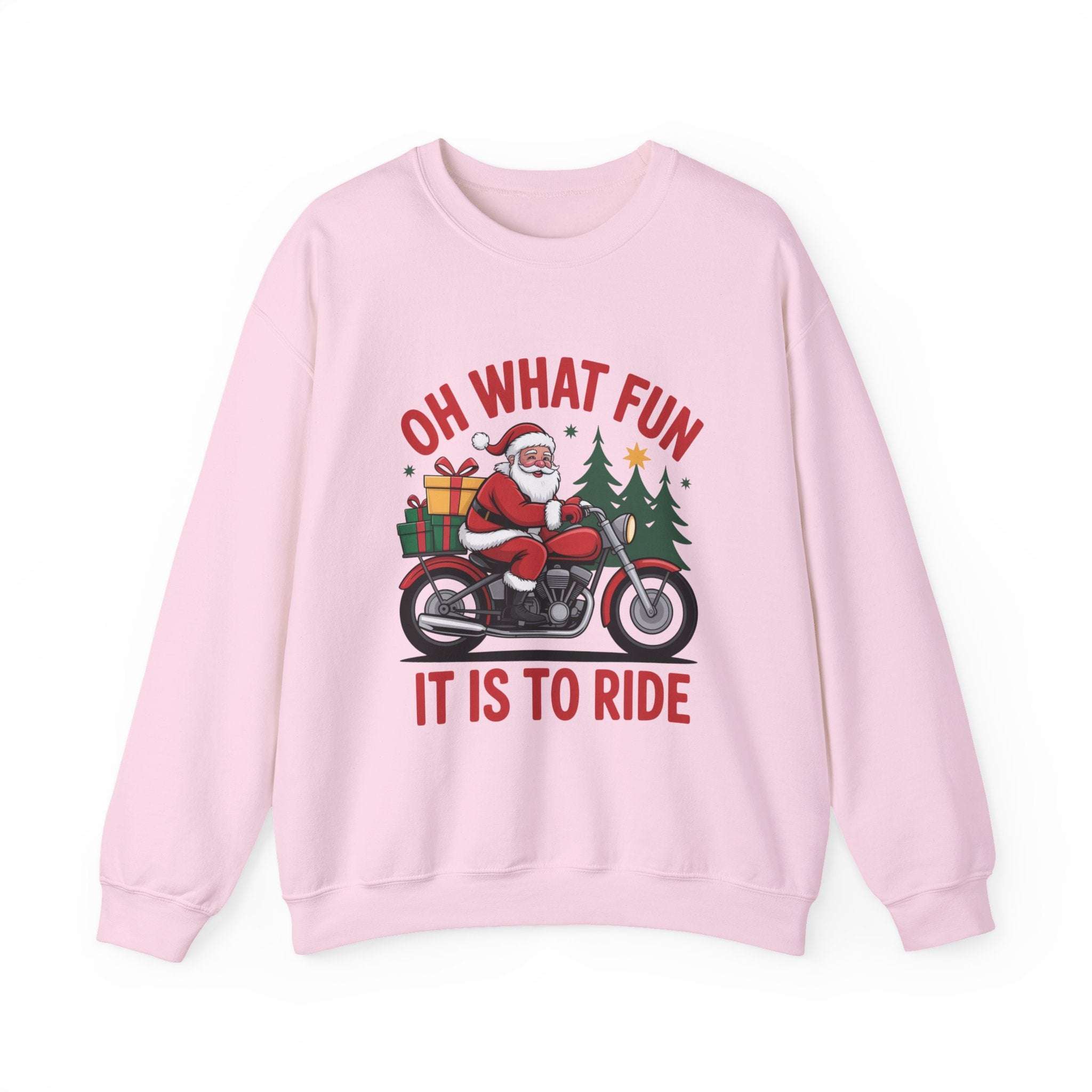 Black crewneck sweatshirt featuring a Santa motorcycle graphic by Printify, perfect for cozy winter wear.