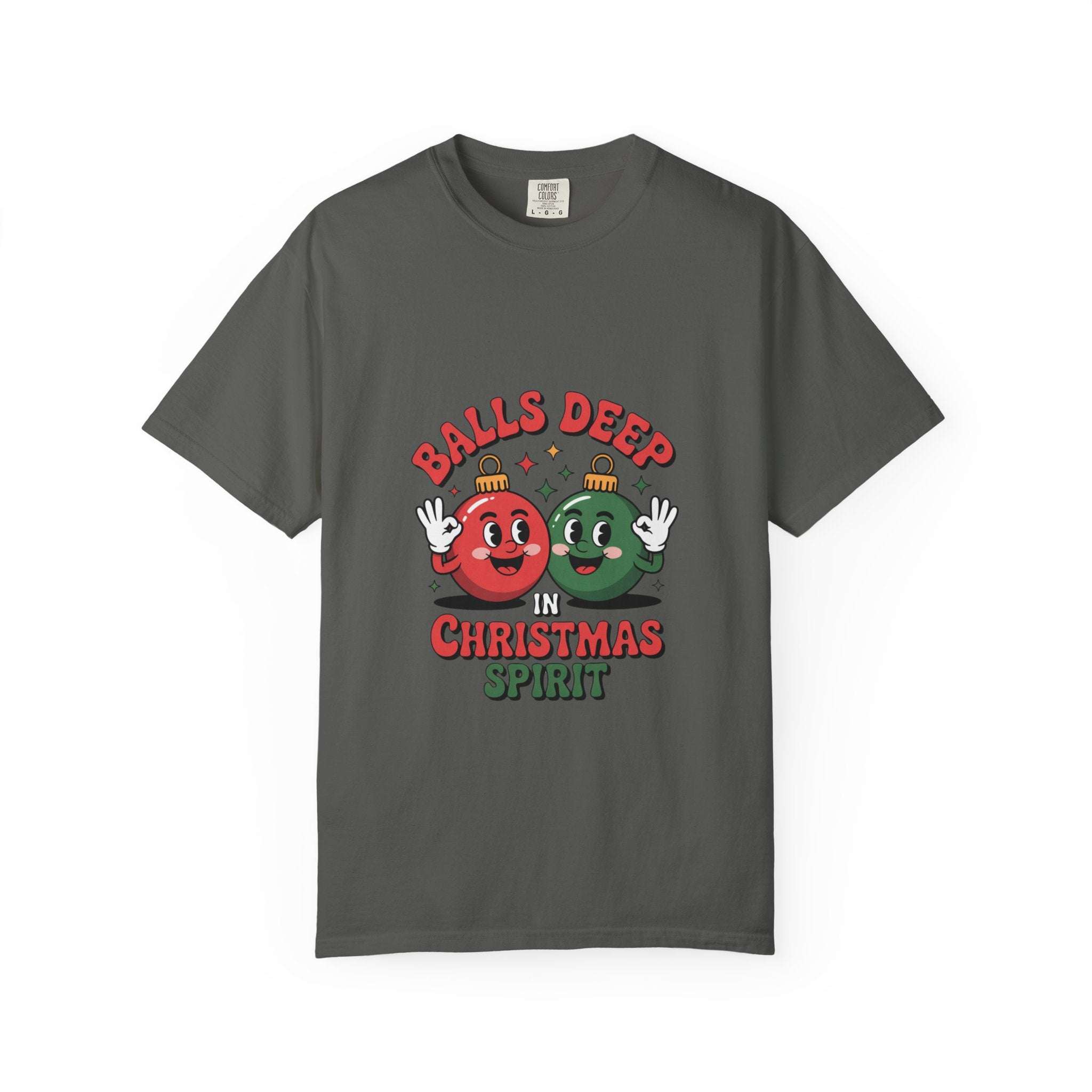 White cotton t-shirt featuring 'Balls Deep In Christmas Spirit' adult humor graphic from Printify