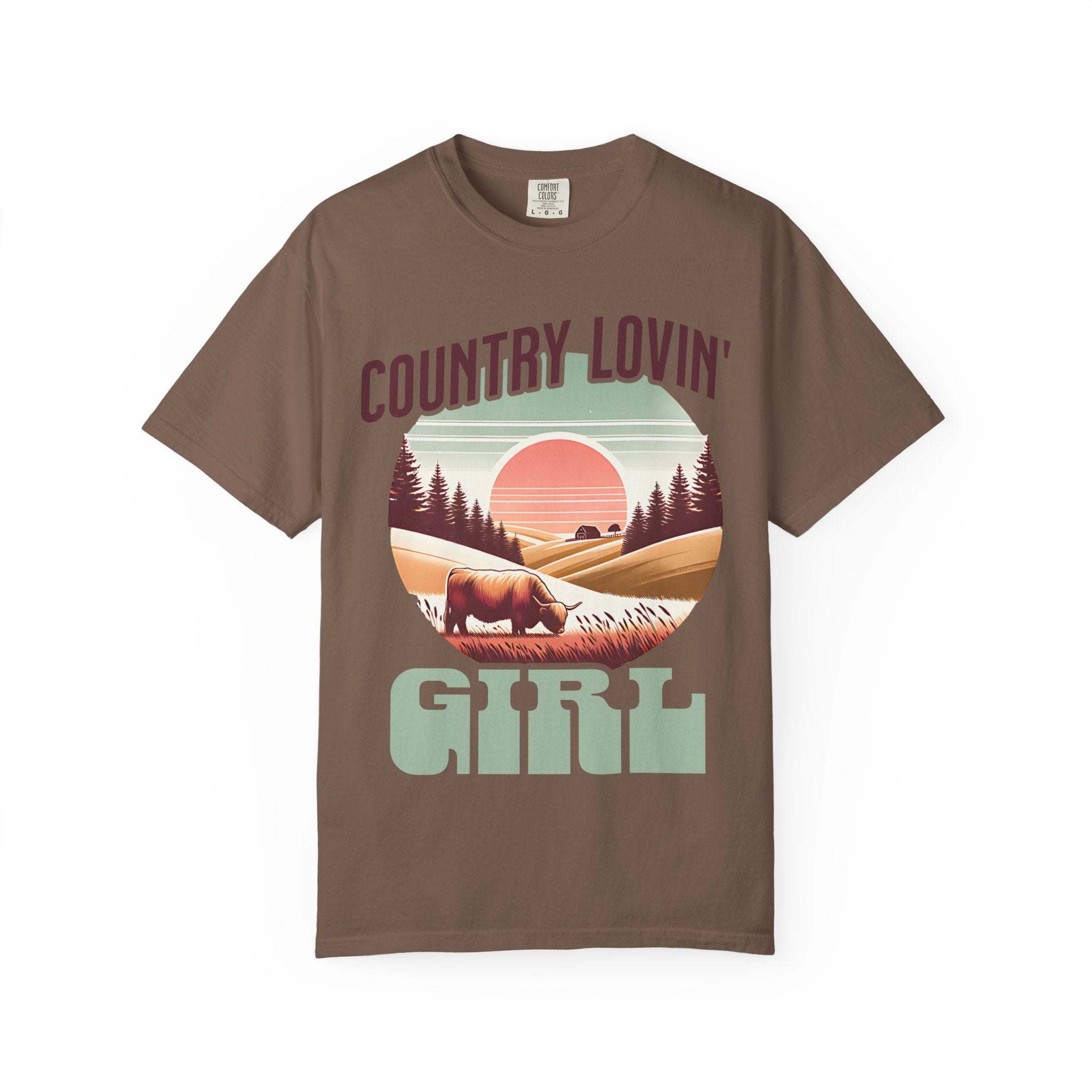 Country Lovin Girl T-shirt with vintage countryside sunset and grazing cow design on brown cotton tee