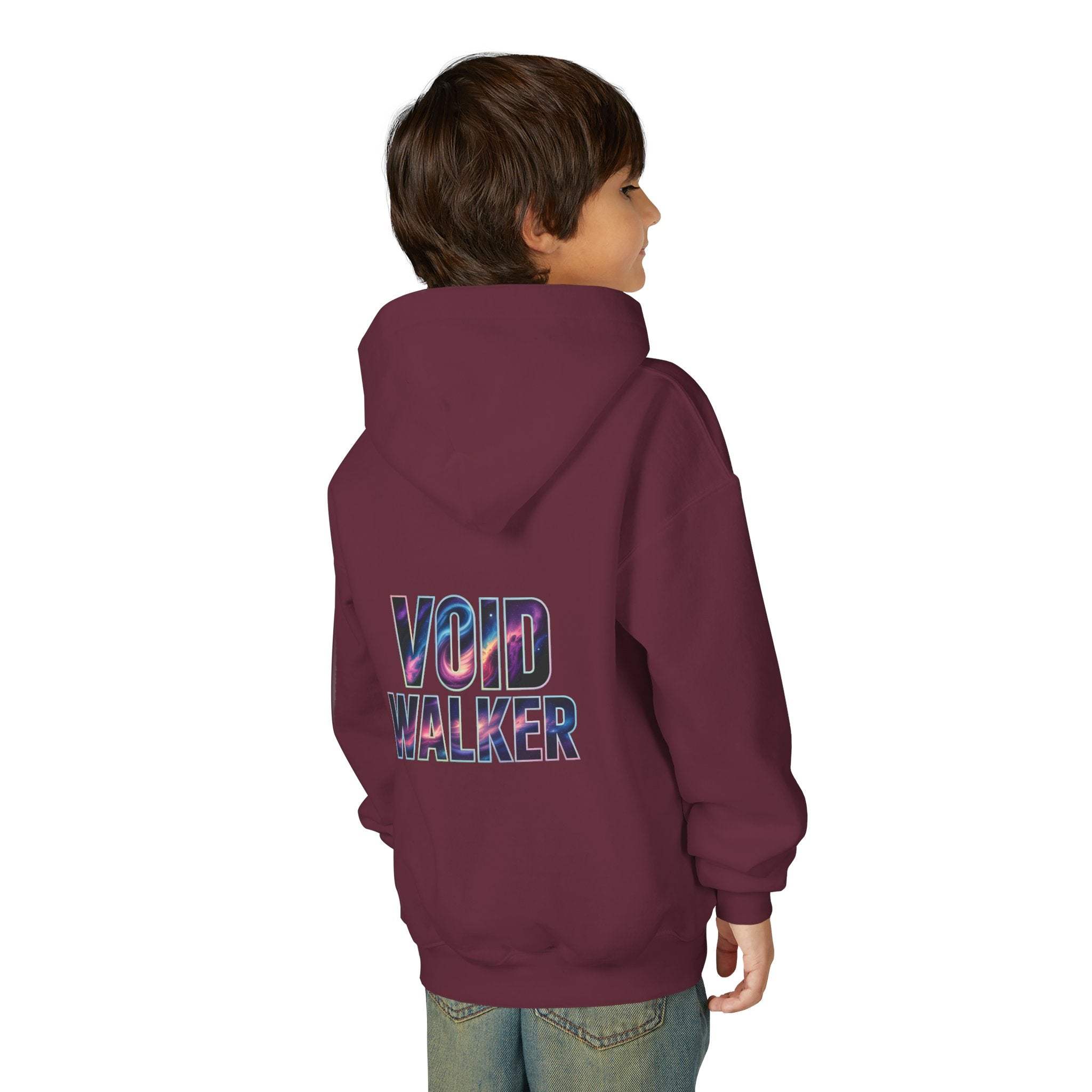 Child wearing maroon Galaxy Hoodie with Void Walker galaxy print on back, kids space-themed hoodie, cotton-polyester blend