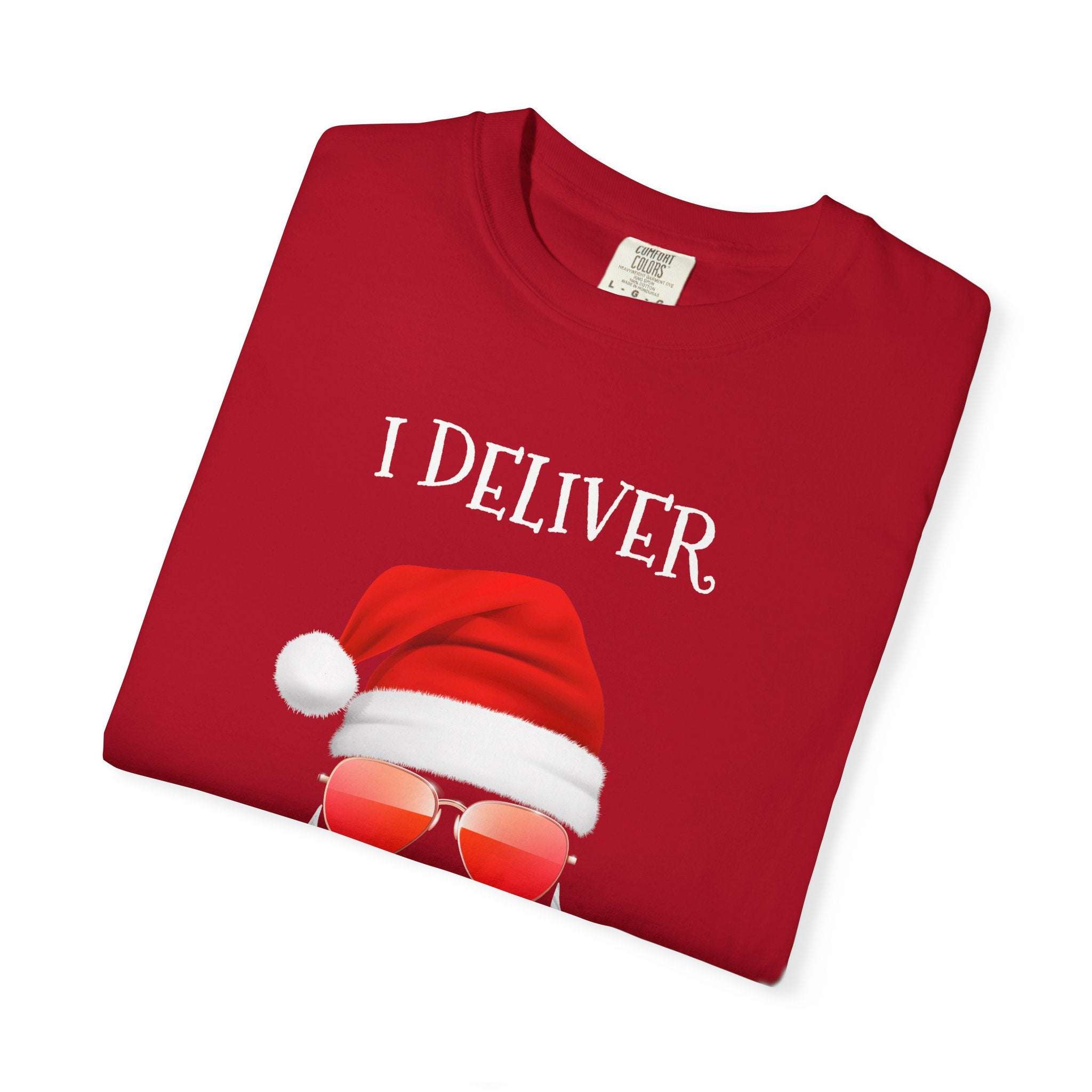 Red Santa I Deliver All Night Long T-shirt with festive hat and sunglasses design for Christmas celebrations