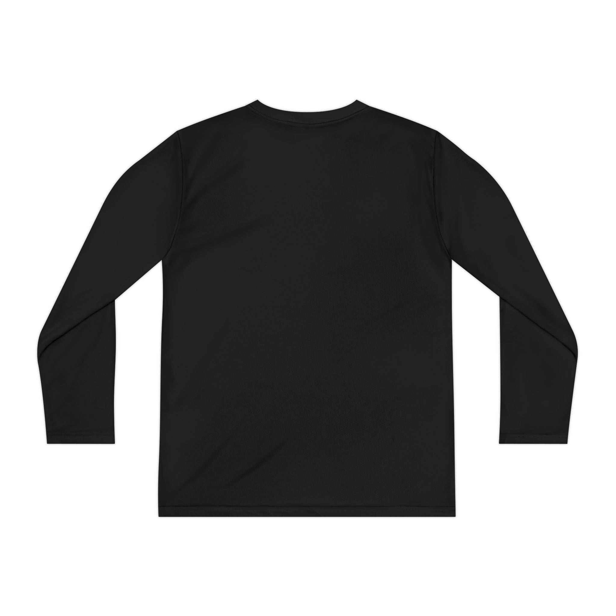 Black long sleeve youth tee with moisture-wicking polyester fabric ideal for sports and Halloween occasions
