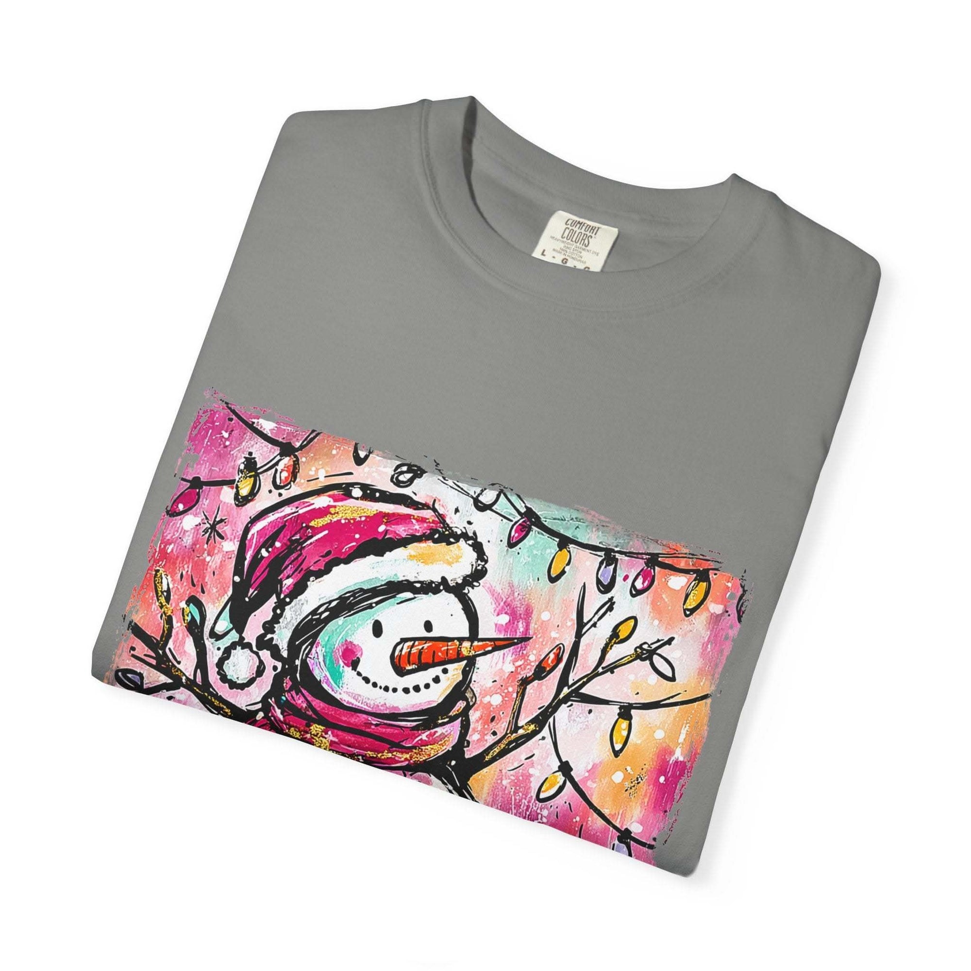 White unisex t-shirt featuring colorful disco ball snowman design, perfect for Christmas and dance parties by Printify