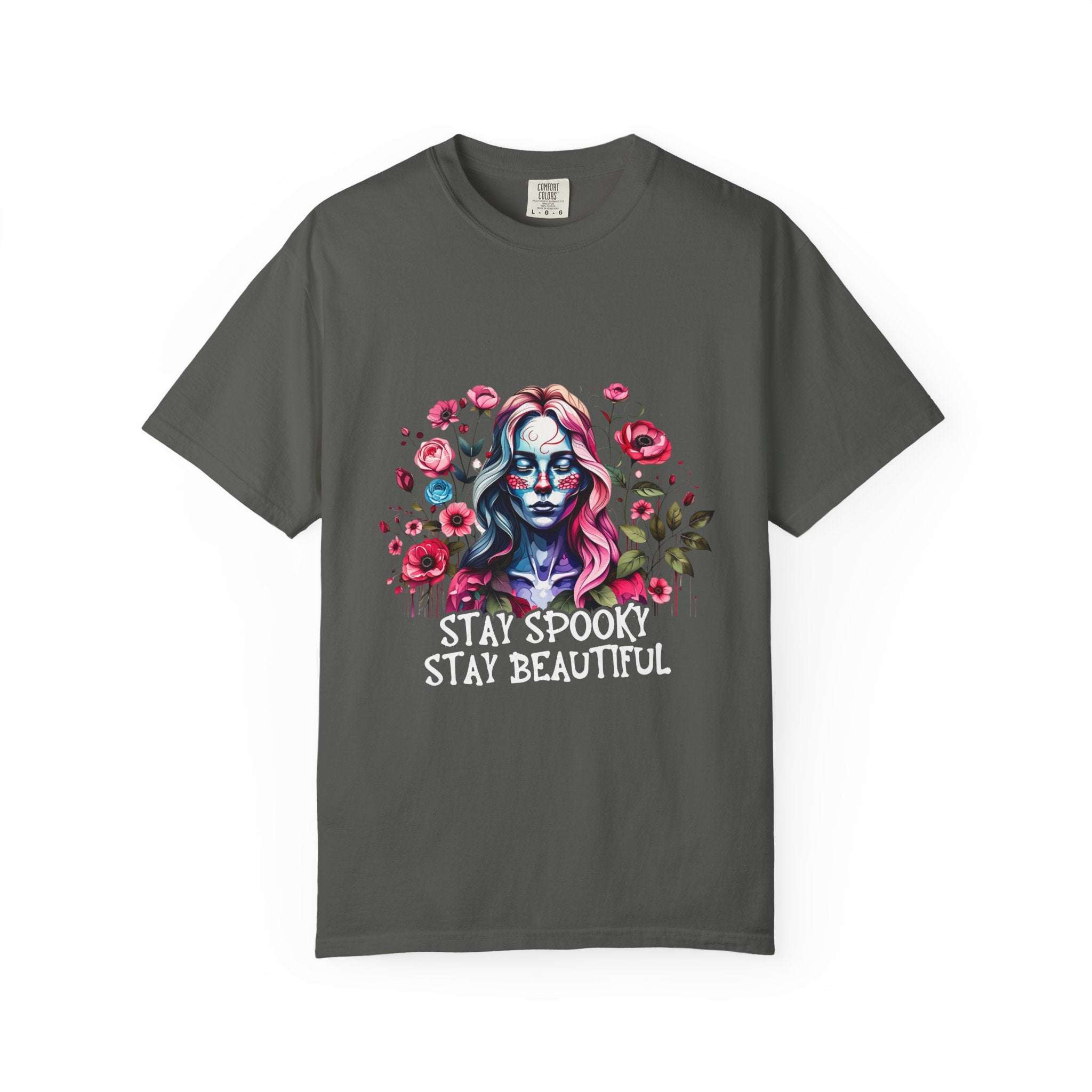dark grey floral skeleton t-shirt with colorful spooky lady print and "Stay Spooky Stay Beautiful" text