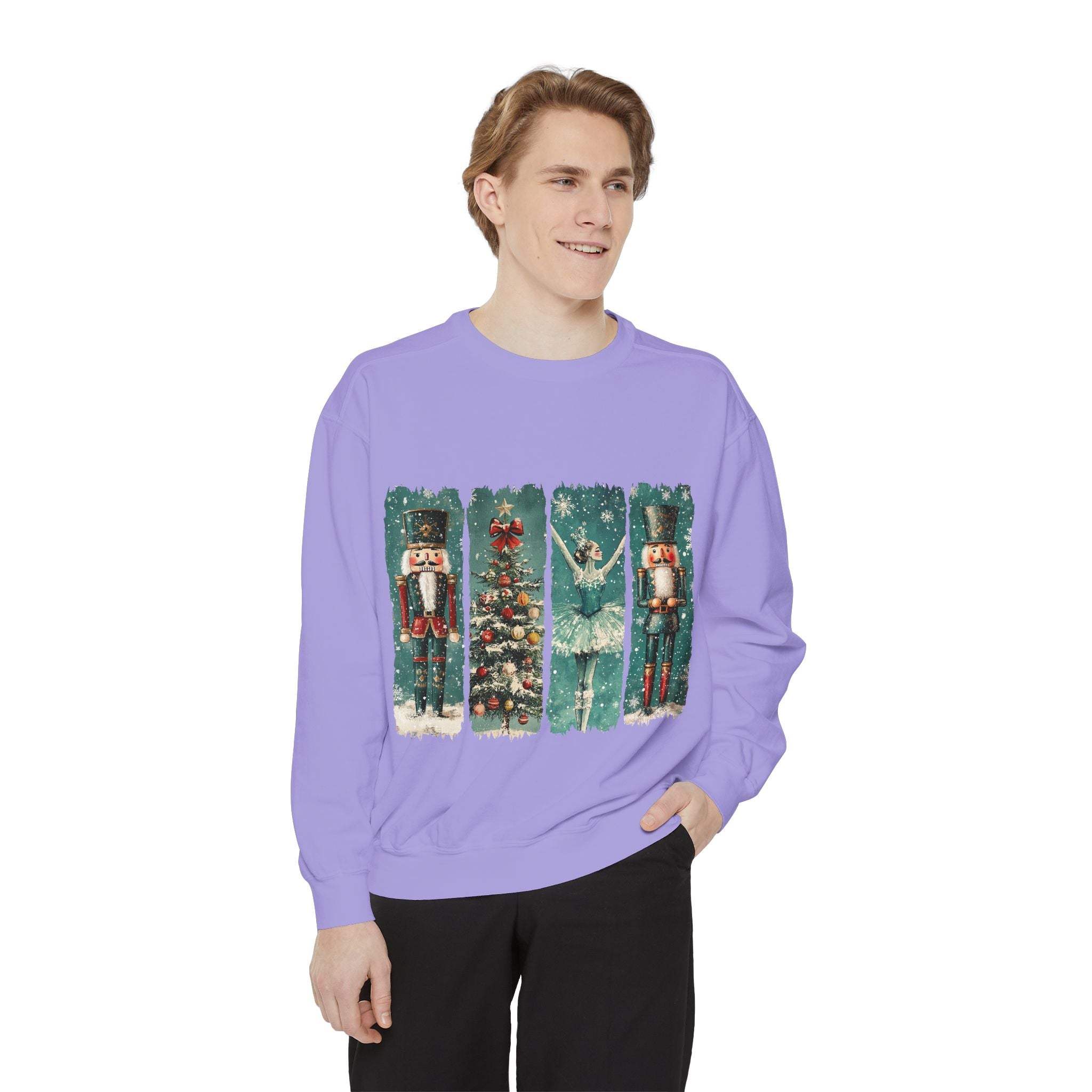 Vintage Christmas Nutcracker watercolor sweatshirt with nutcracker and holiday design on purple fabric