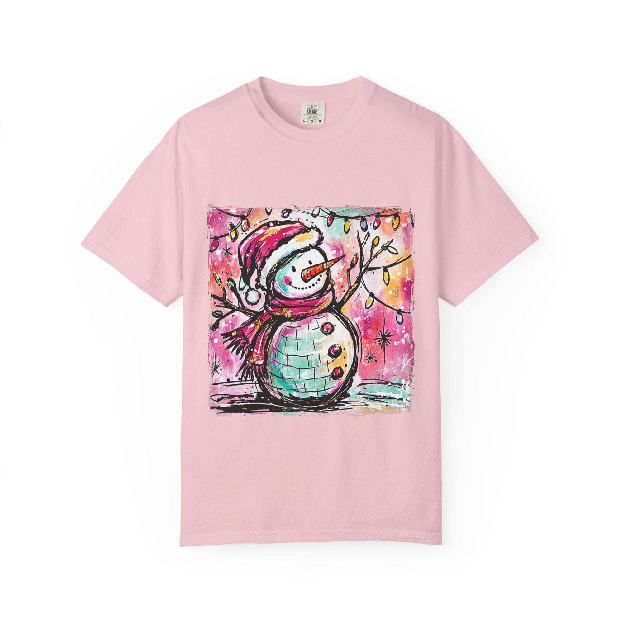 White unisex t-shirt featuring colorful disco ball snowman design, perfect for Christmas and dance parties by Printify