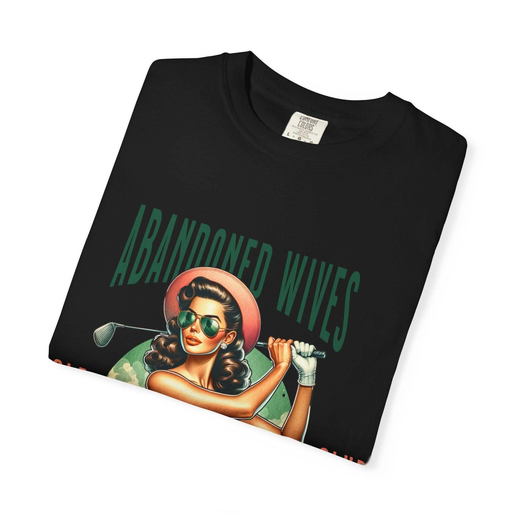 Vintage unisex t-shirt with abandoned wives golf club graphic and retro design on black cotton fabric