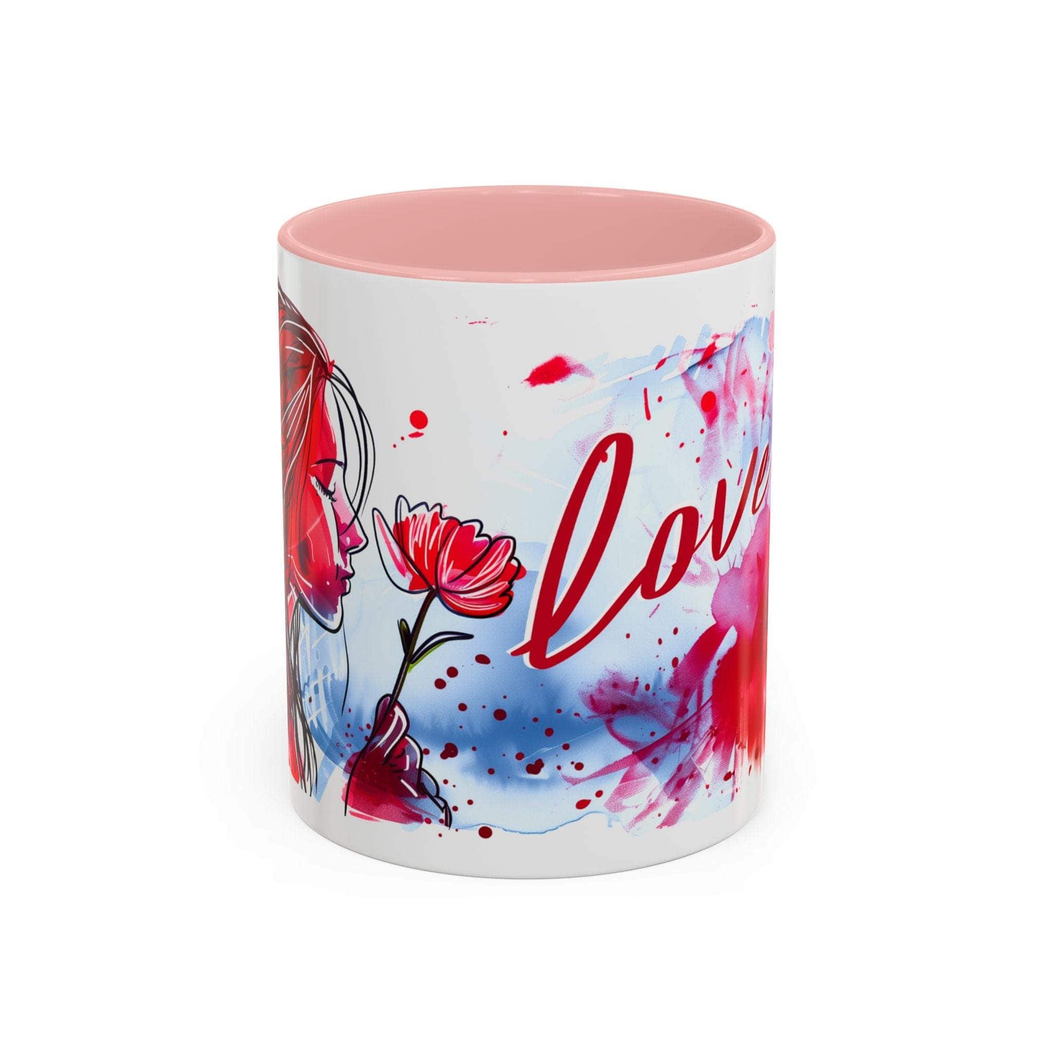 Valentines floral love accent coffee mug with romantic heart and floral design, pink interior and C-shaped handle