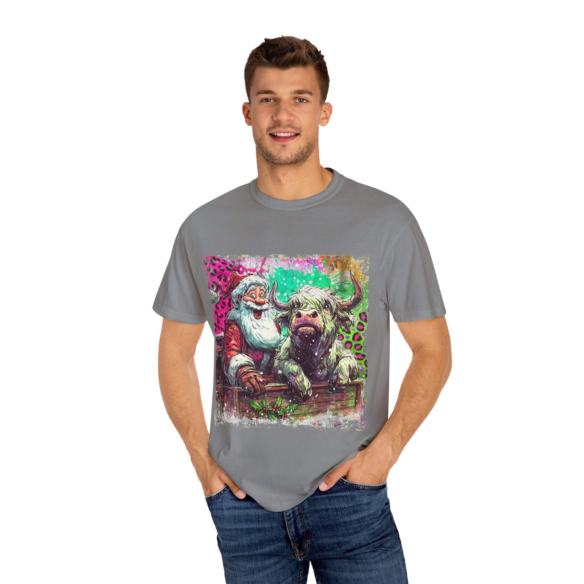 Retro Santa and Highland Cow graphic on a black t-shirt by Printify, perfect for festive holiday wear.