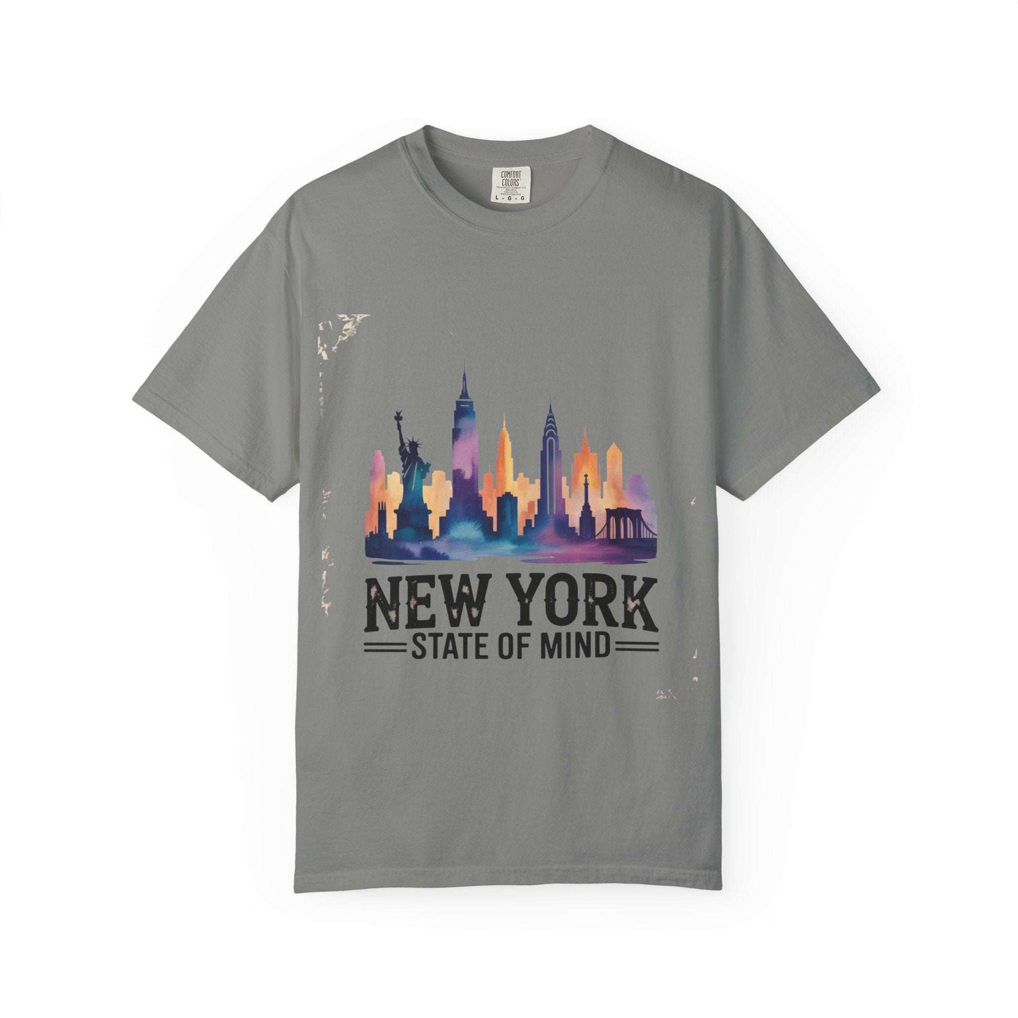 Red garment-dyed t-shirt featuring "New York State of Mind" design by Printify, size small.