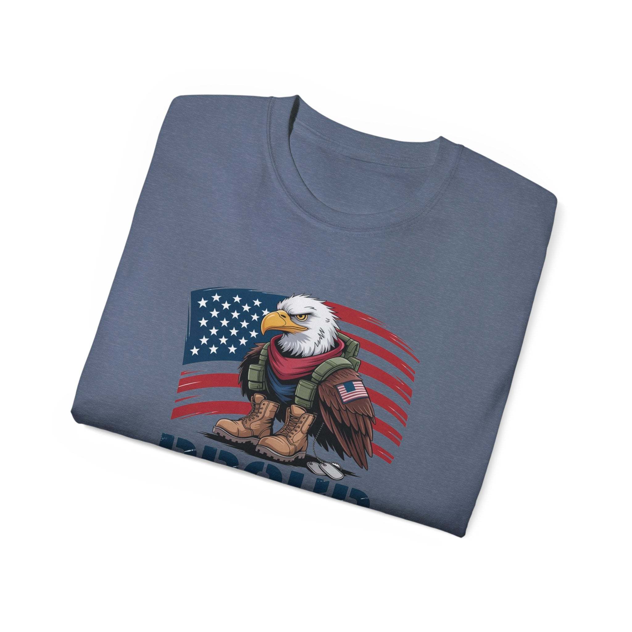 Folded Proud Veteran T-Shirt with eagle, American flag, and boots design, unisex Veteran Tee Shirt