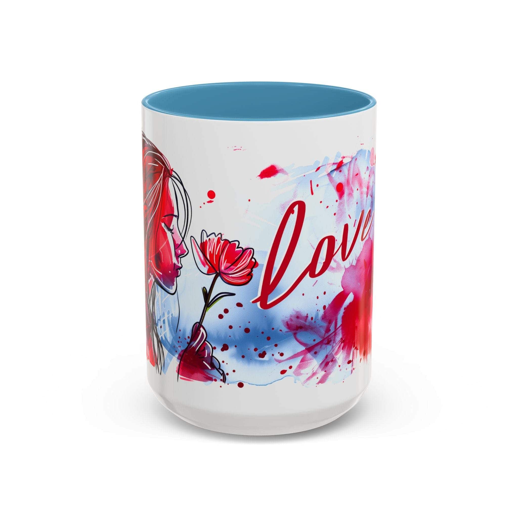 Valentines Floral Love Accent Coffee Mug with romantic heart and floral design, white ceramic with blue interior and C-shaped handle.