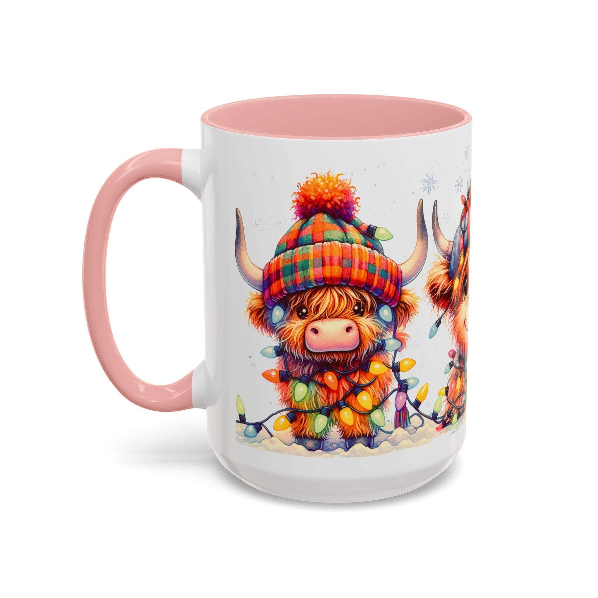Christmas coffee mug with Scottish Highland Cow wearing colorful winter hat and holiday lights, ceramic with pink handle and interior