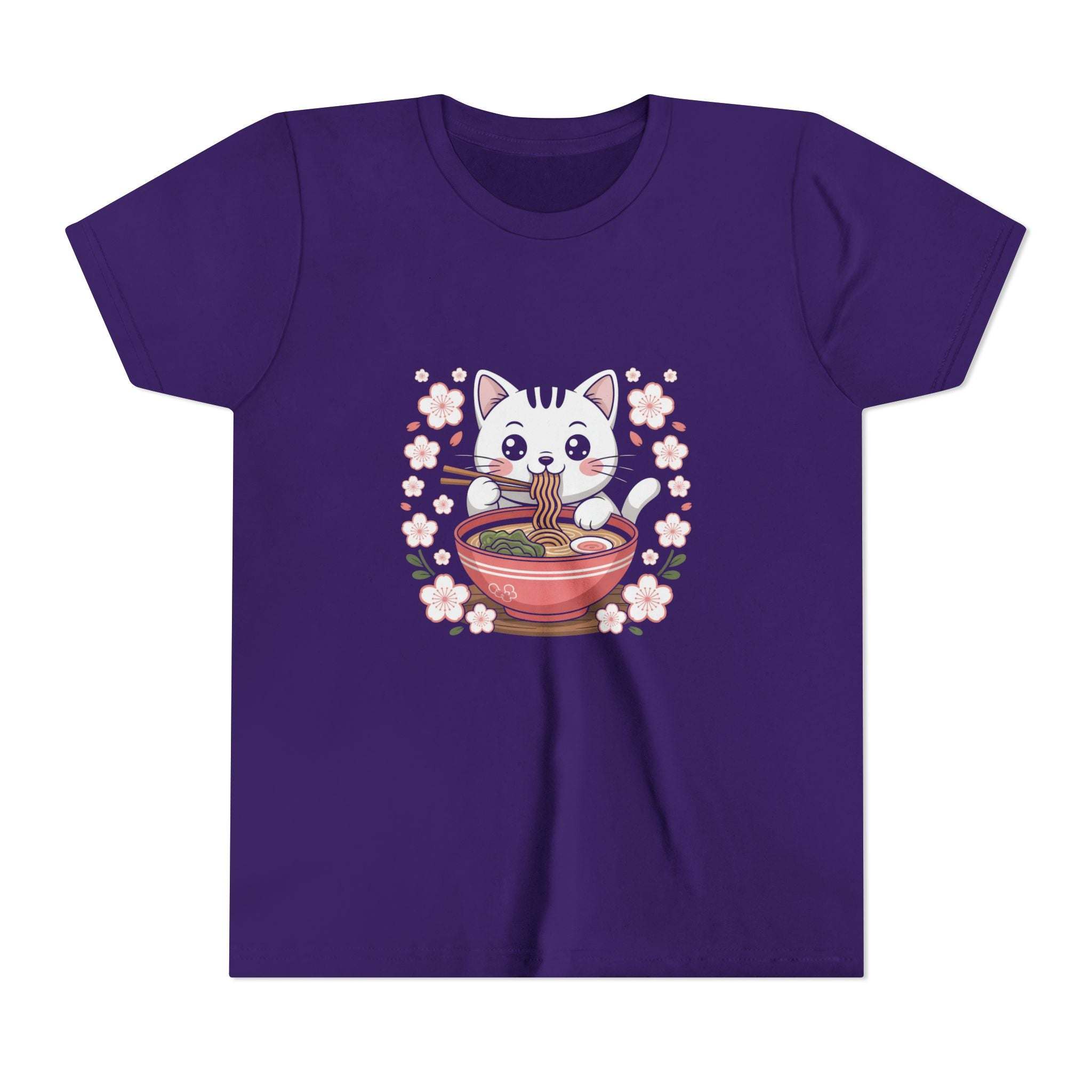 Kawaii cat eating ramen bowl on youth short sleeve tee shirt