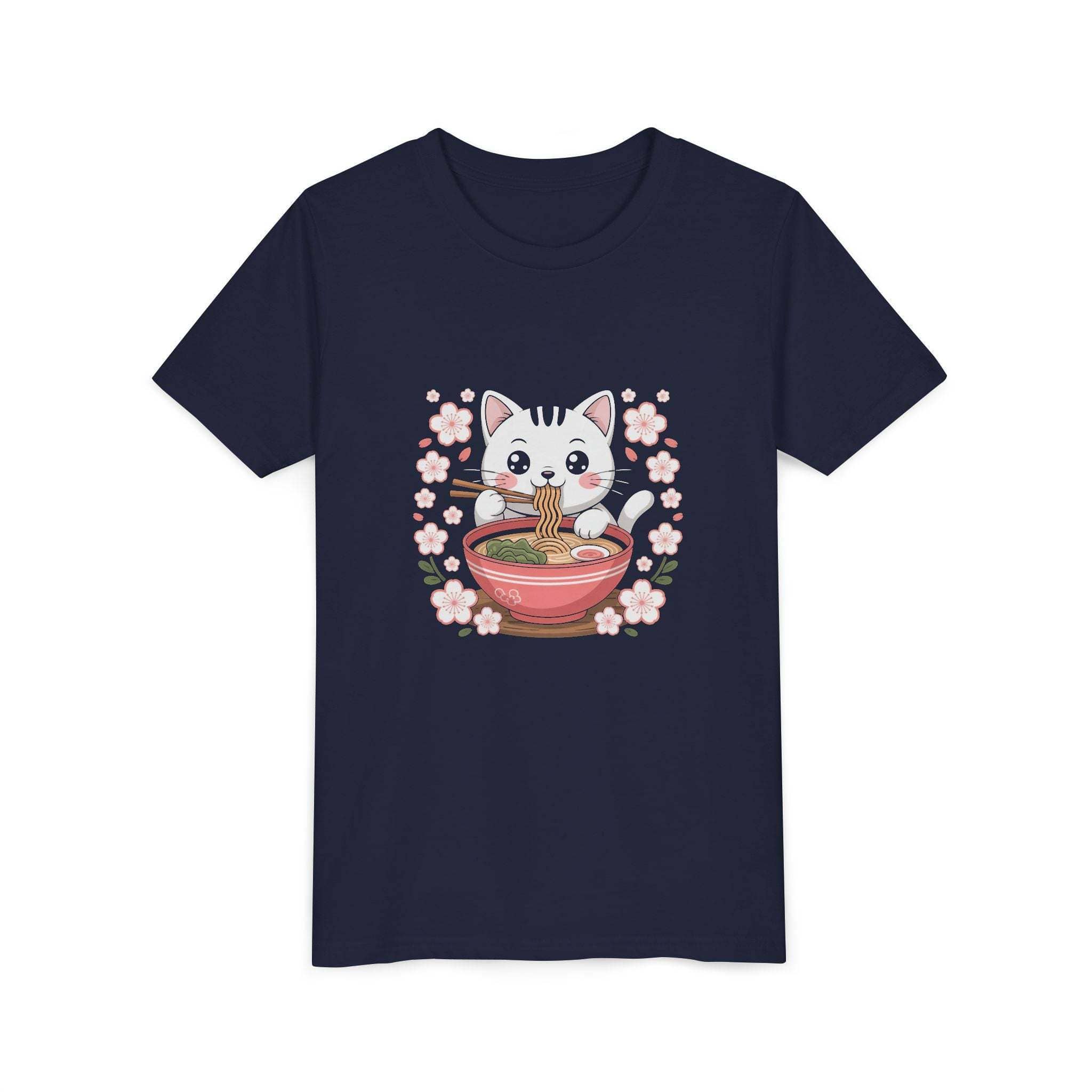 Kawaii cat eating ramen bowl on youth short sleeve tee shirt
