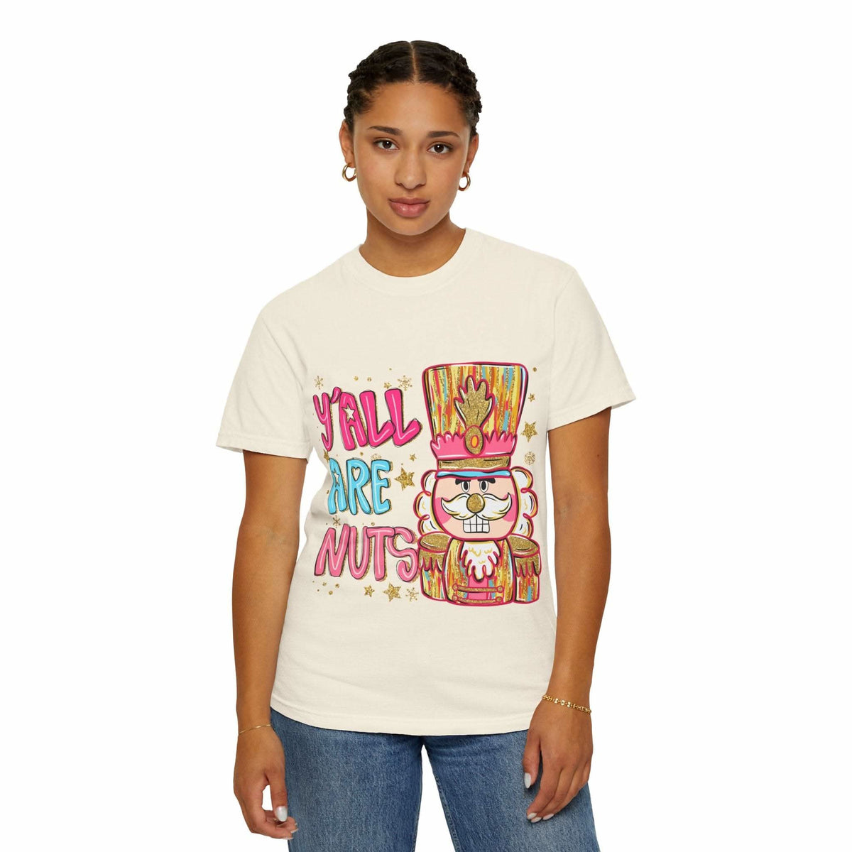 Woman wearing Yall Are Nuts Nutcracker festive graphic cotton T-shirt